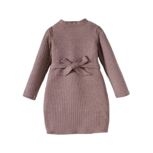 1-8Y Ready Stock Toddler Girls Fall Winter Clothes Waffle Knit Long Sleeve Dress With Belt Pinkish PurpleCatpapa 462304006