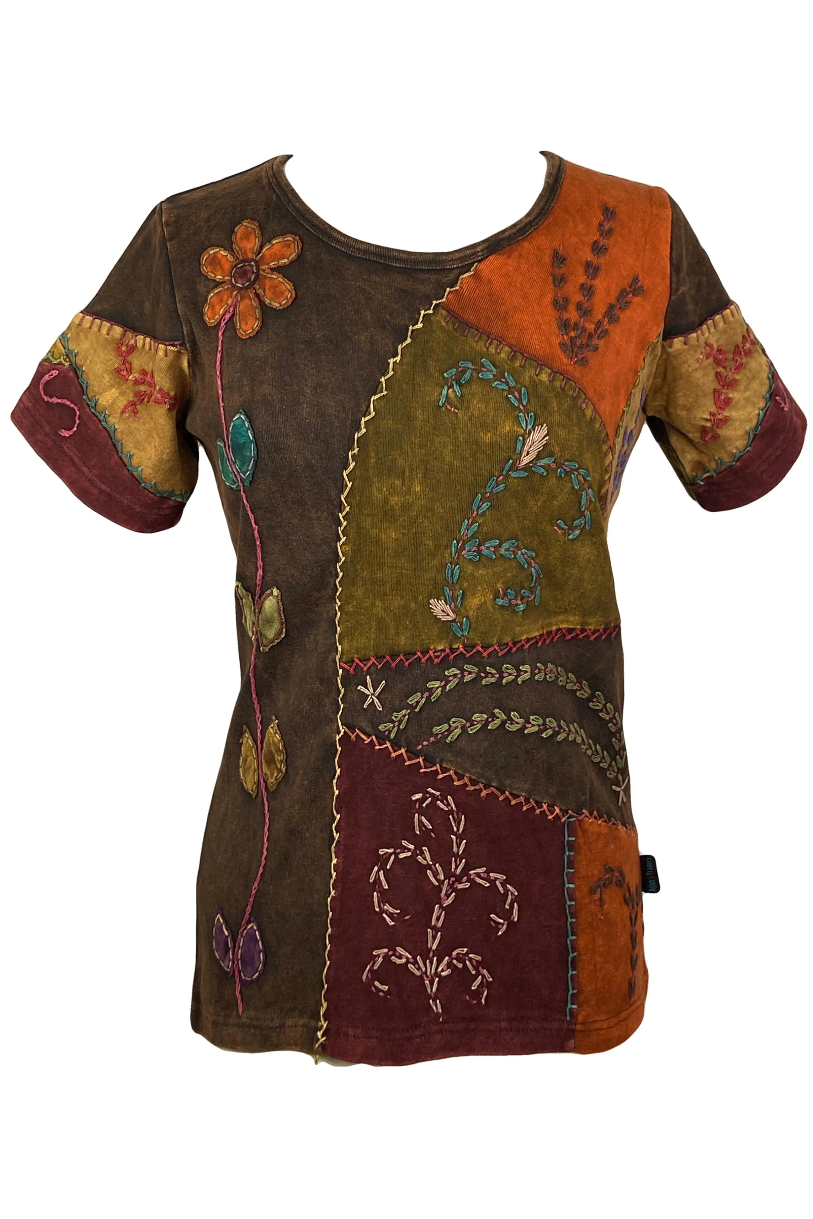 129 RB Multi-colored knitted patched razor cut floral embroidered t-shirt