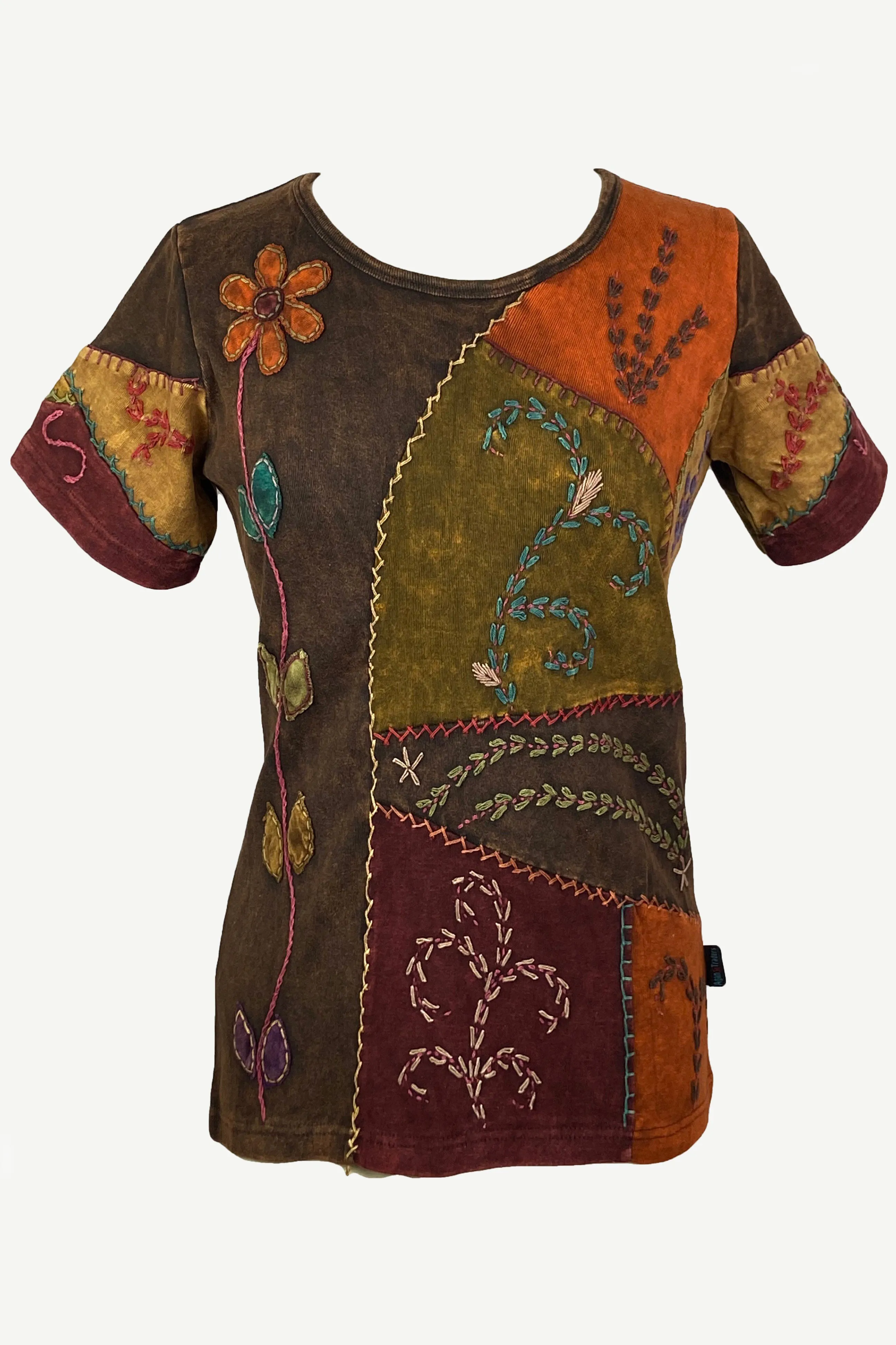 129 RB Multi-colored knitted patched razor cut floral embroidered t-shirt