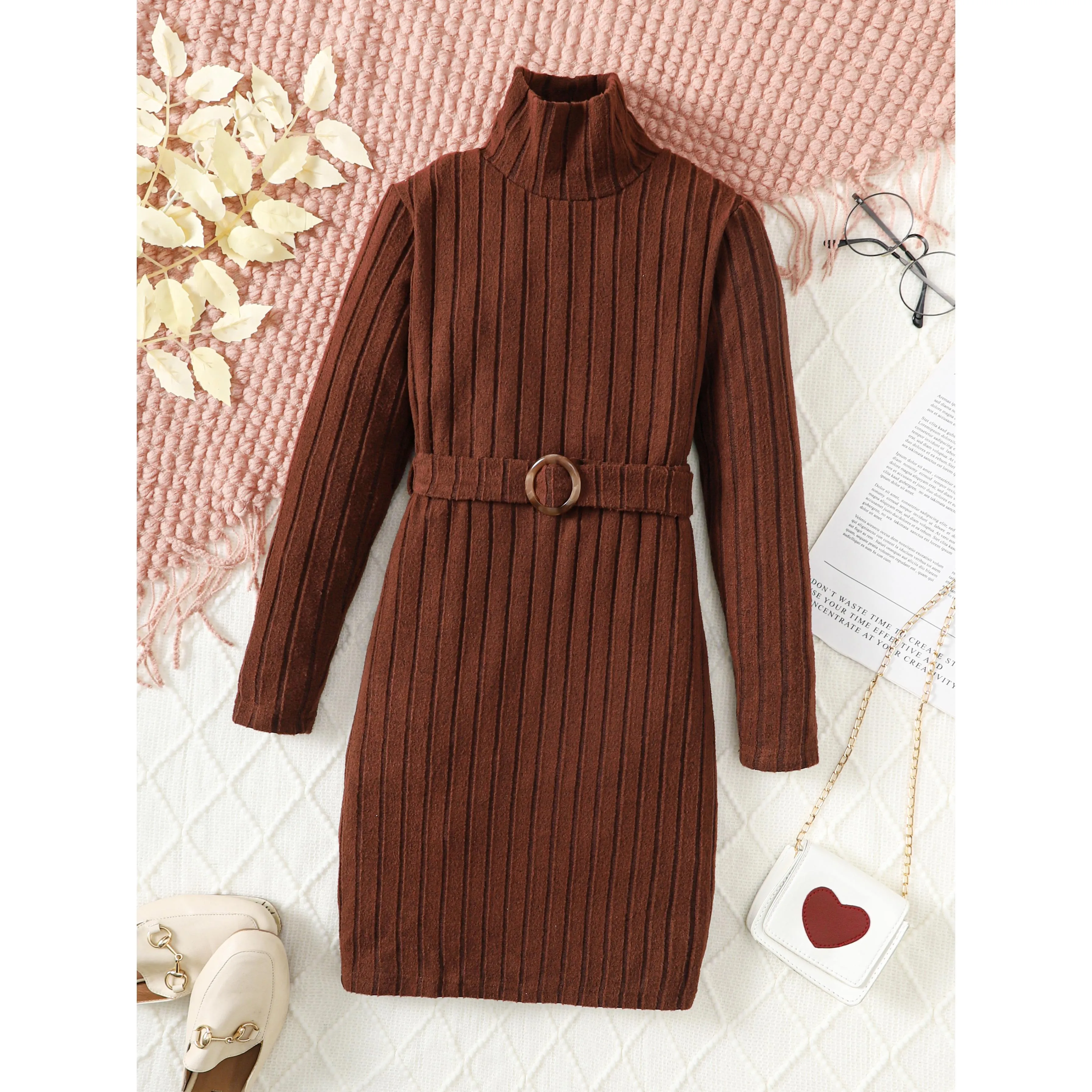 8-14Y Big Girls Elegant Dress Rib Solid Color Stan-up Collar Fall Winter Long Sleeve Dress With A Belt Catpapa 462308017