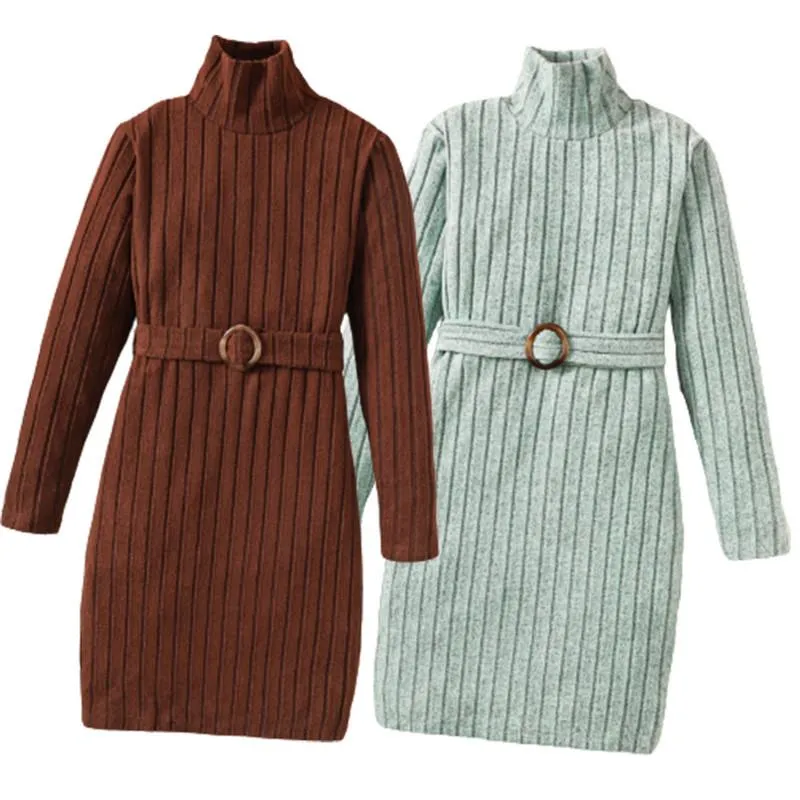 8-14Y Big Girls Elegant Dress Rib Solid Color Stan-up Collar Fall Winter Long Sleeve Dress With A Belt Catpapa 462308017
