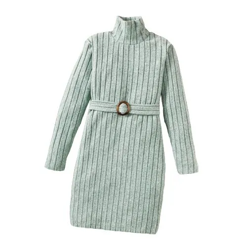 8-14Y Big Girls Elegant Dress Rib Solid Color Stan-up Collar Fall Winter Long Sleeve Dress With A Belt Catpapa 462308017