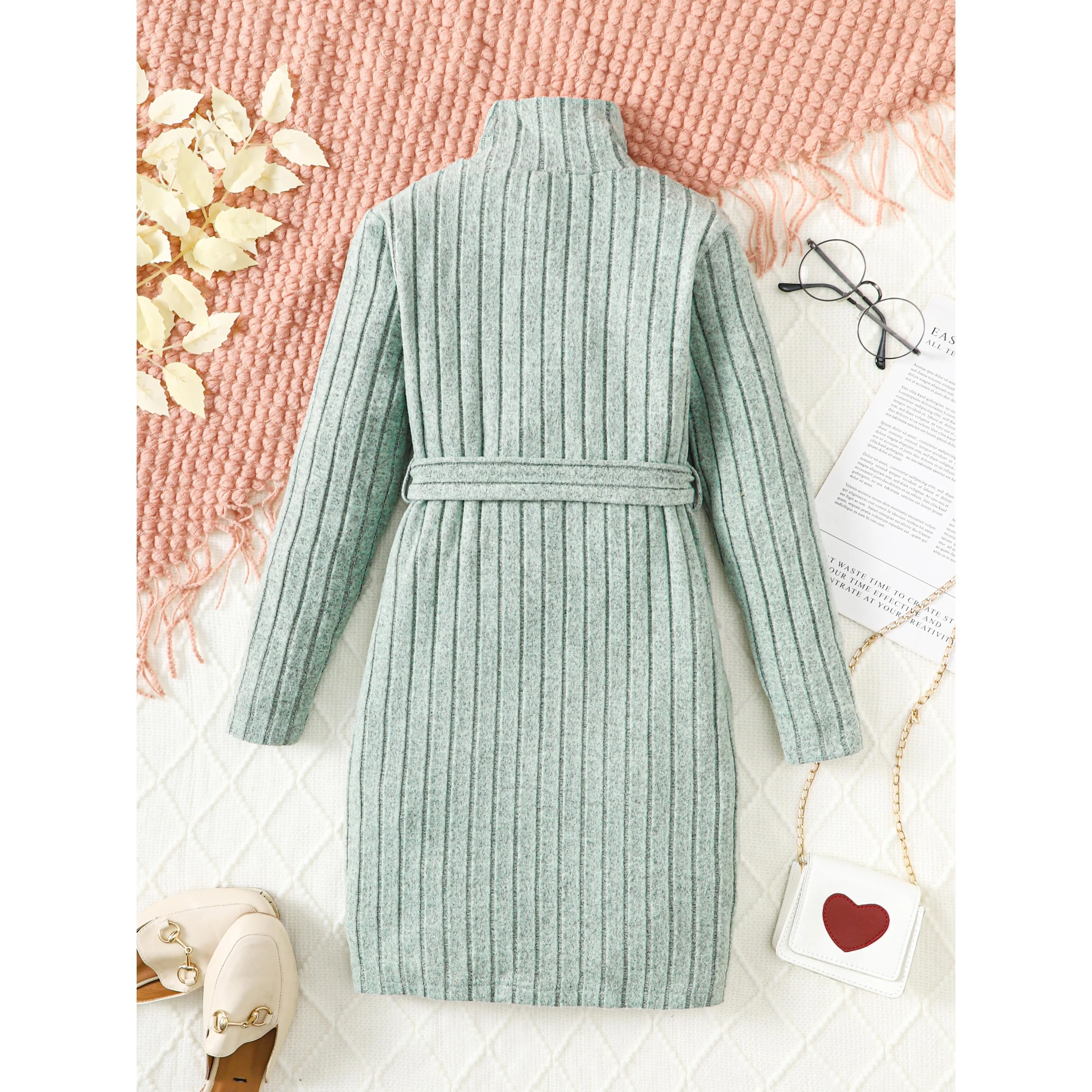 8-14Y Big Girls Elegant Dress Rib Solid Color Stan-up Collar Fall Winter Long Sleeve Dress With A Belt Catpapa 462308017