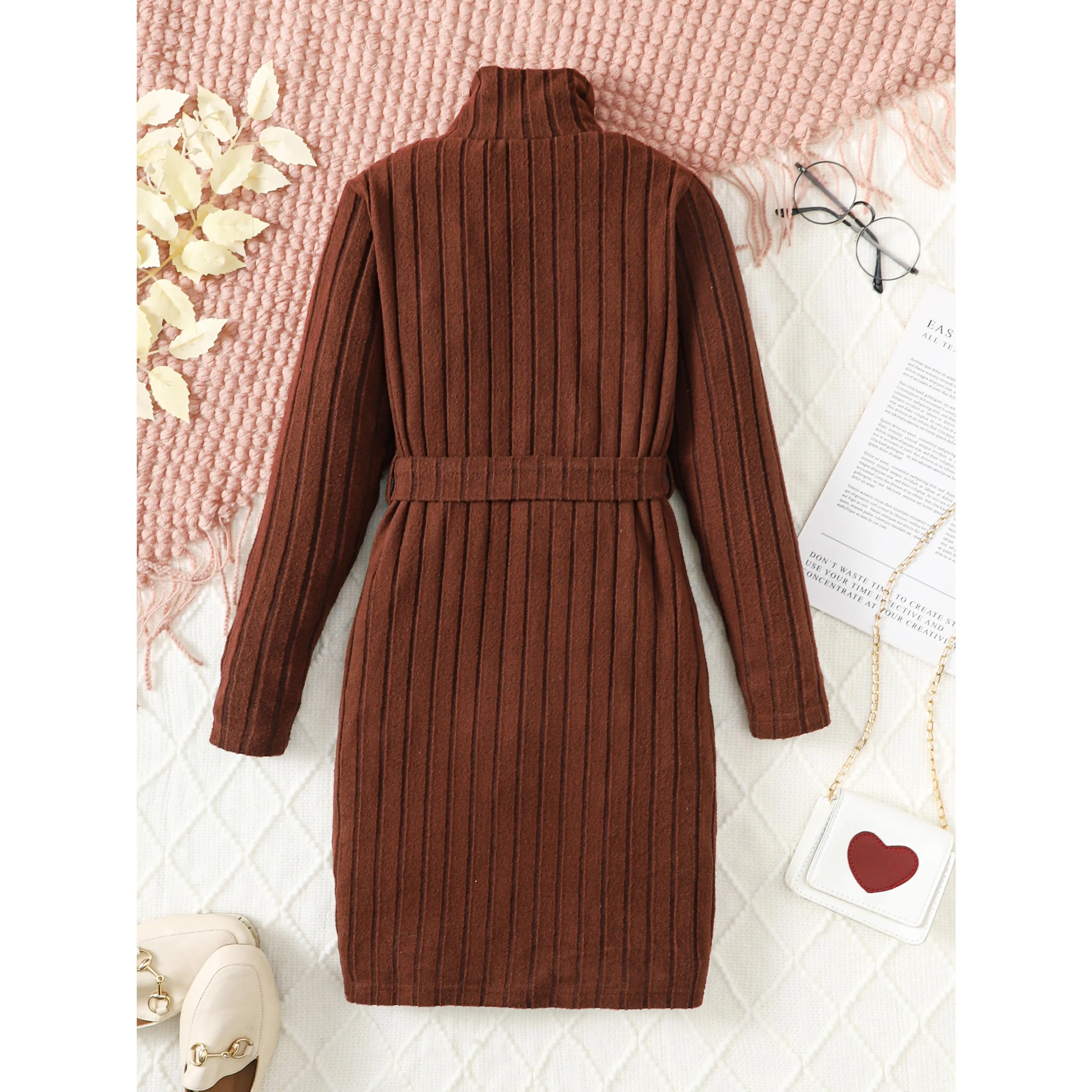 8-14Y Big Girls Elegant Dress Rib Solid Color Stan-up Collar Fall Winter Long Sleeve Dress With A Belt Catpapa 462308017