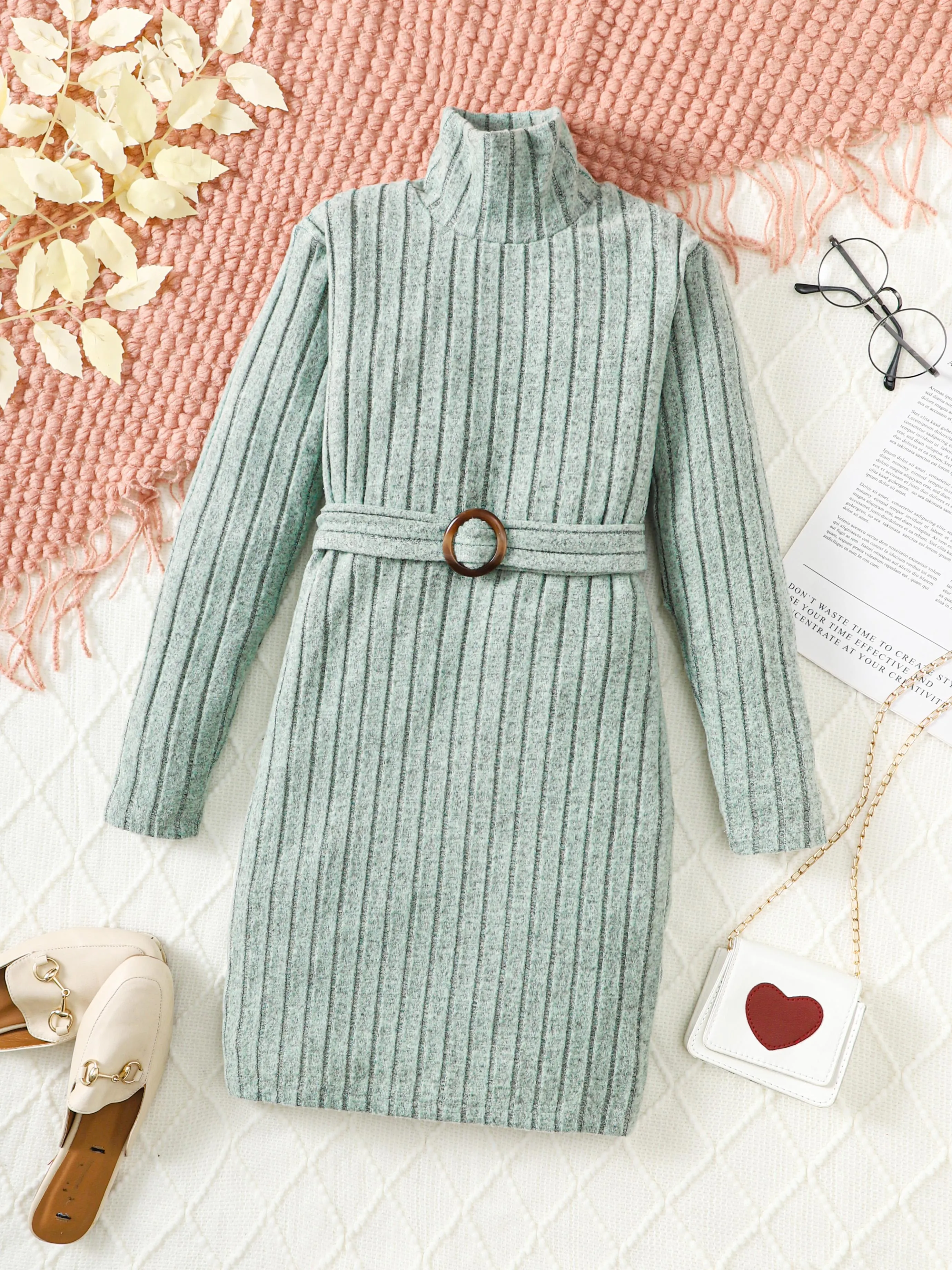 8-14Y Big Girls Elegant Dress Rib Solid Color Stan-up Collar Fall Winter Long Sleeve Dress With A Belt Catpapa 462308017