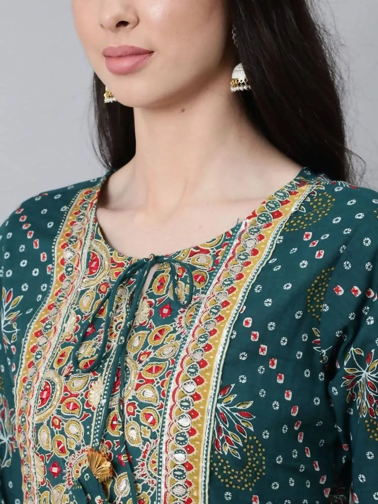 Anubhutee Teal Ethnic Motifs Printed Empire Thread Work Pure Cotton Kurta with Trousers & With Dupatta