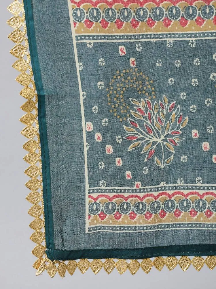 Anubhutee Teal Ethnic Motifs Printed Empire Thread Work Pure Cotton Kurta with Trousers & With Dupatta