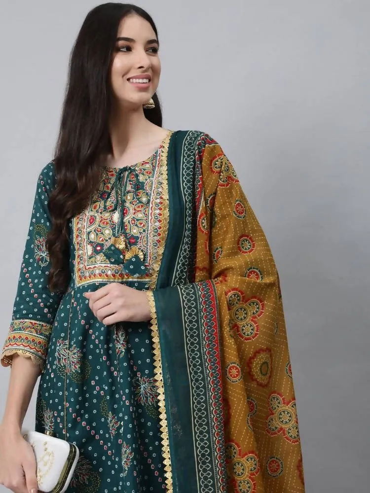 Anubhutee Teal Ethnic Motifs Printed Empire Thread Work Pure Cotton Kurta with Trousers & With Dupatta
