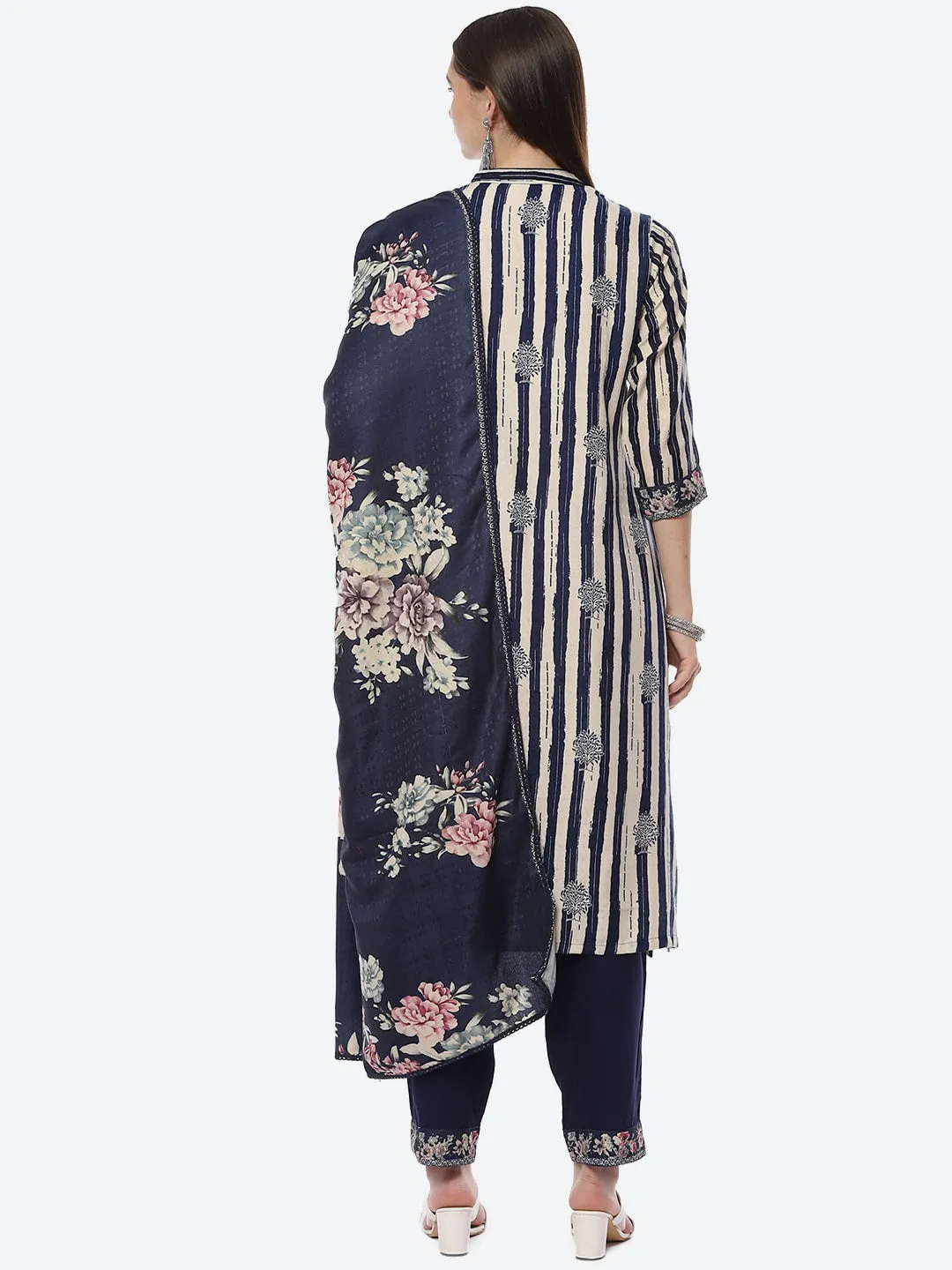 Biba Women Blue Floral Printed Kurta with Trousers With Dupatta