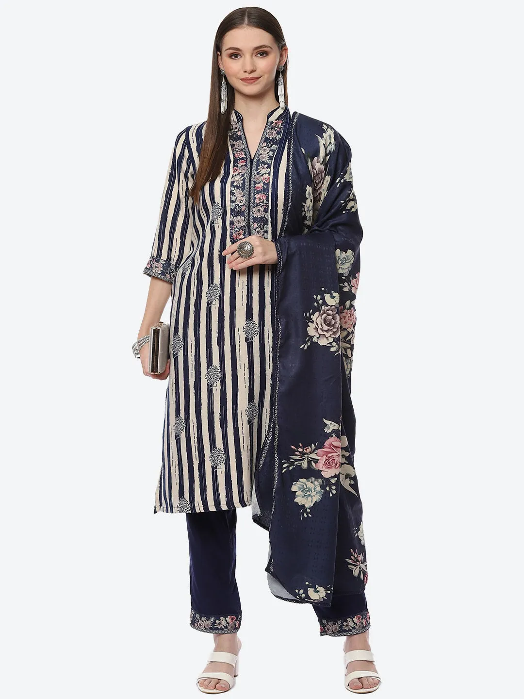 Biba Women Blue Floral Printed Kurta with Trousers With Dupatta