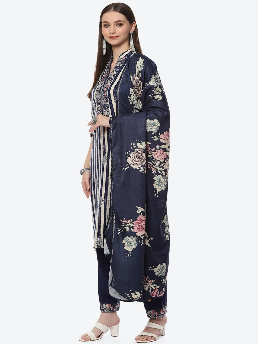 Biba Women Blue Floral Printed Kurta with Trousers With Dupatta