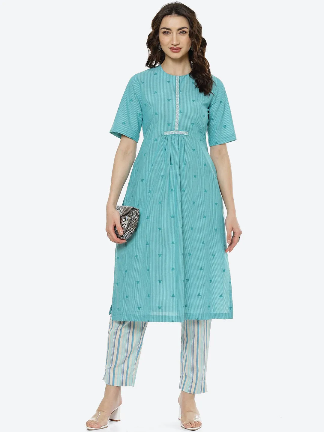 Biba Women Green Printed Pleated Pure Cotton Kurti With Trousers