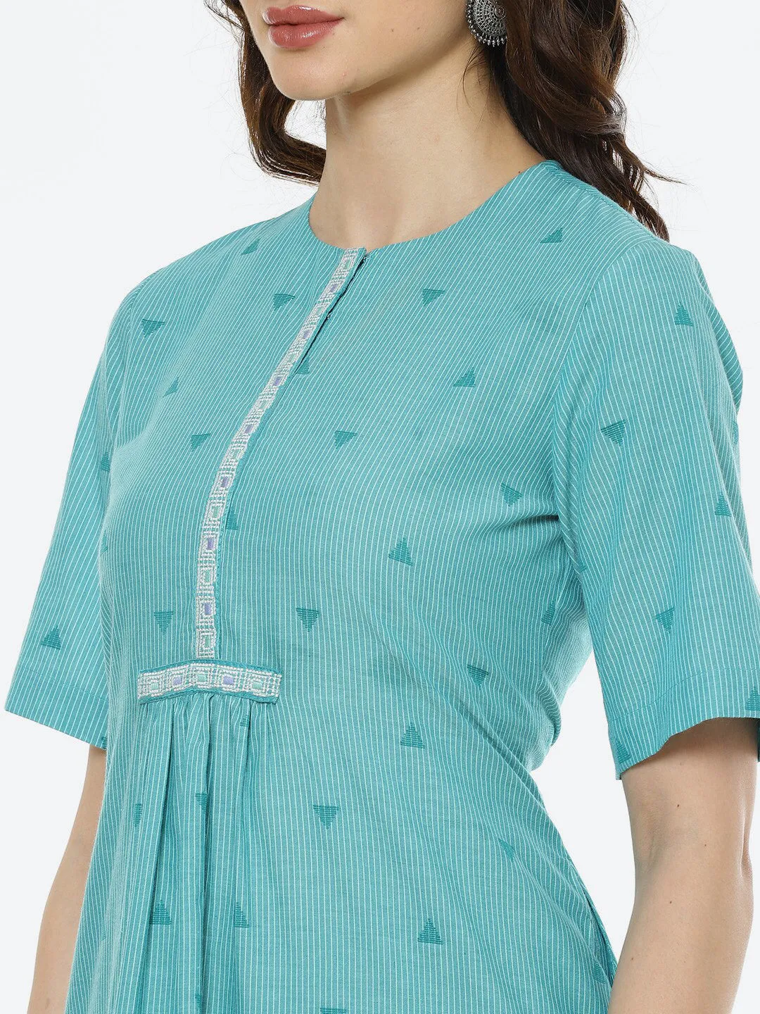 Biba Women Green Printed Pleated Pure Cotton Kurti With Trousers