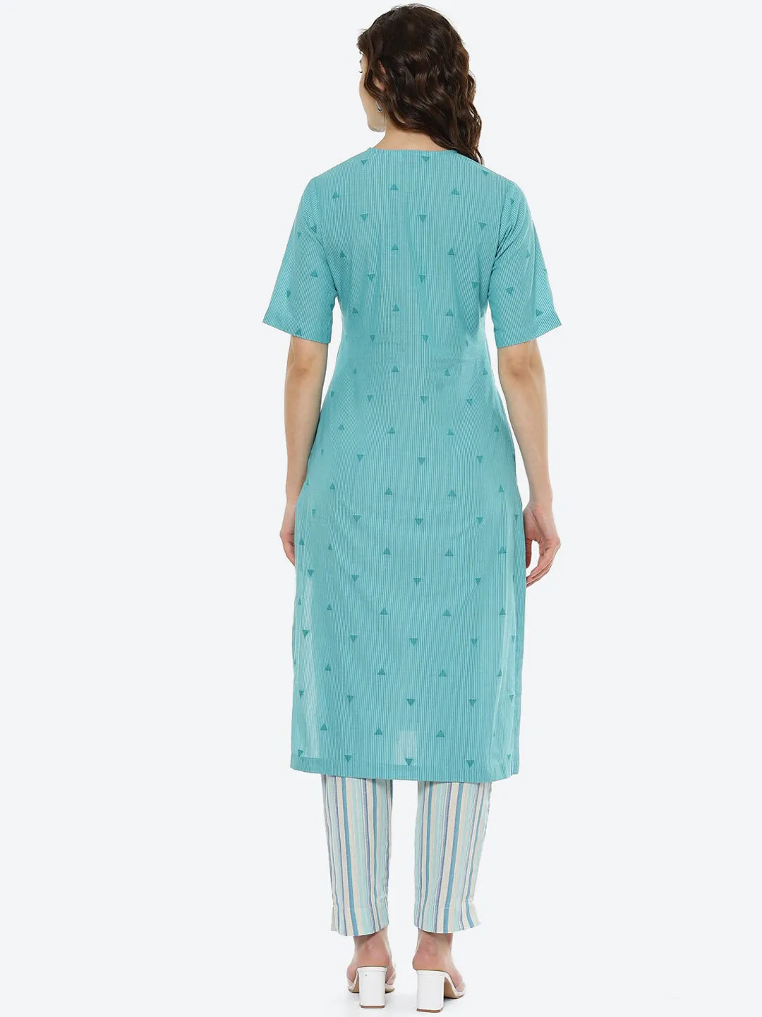Biba Women Green Printed Pleated Pure Cotton Kurti With Trousers