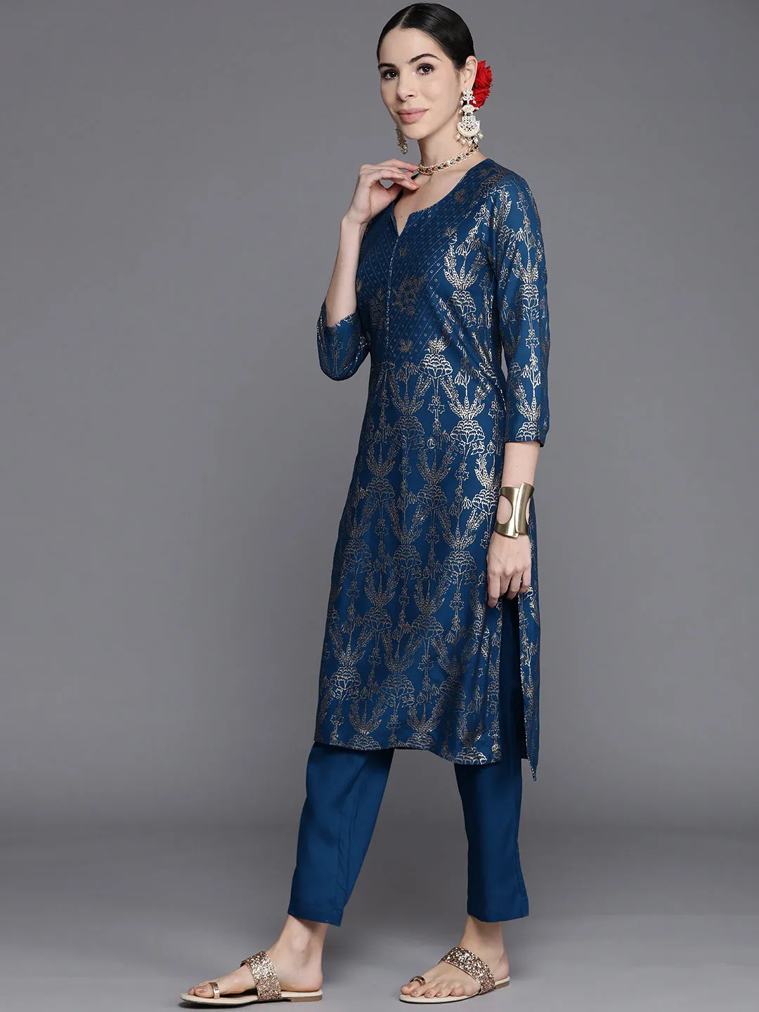 Biba Women Navy Blue & Golden Ethnic Motifs Printed Kurta with Trousers