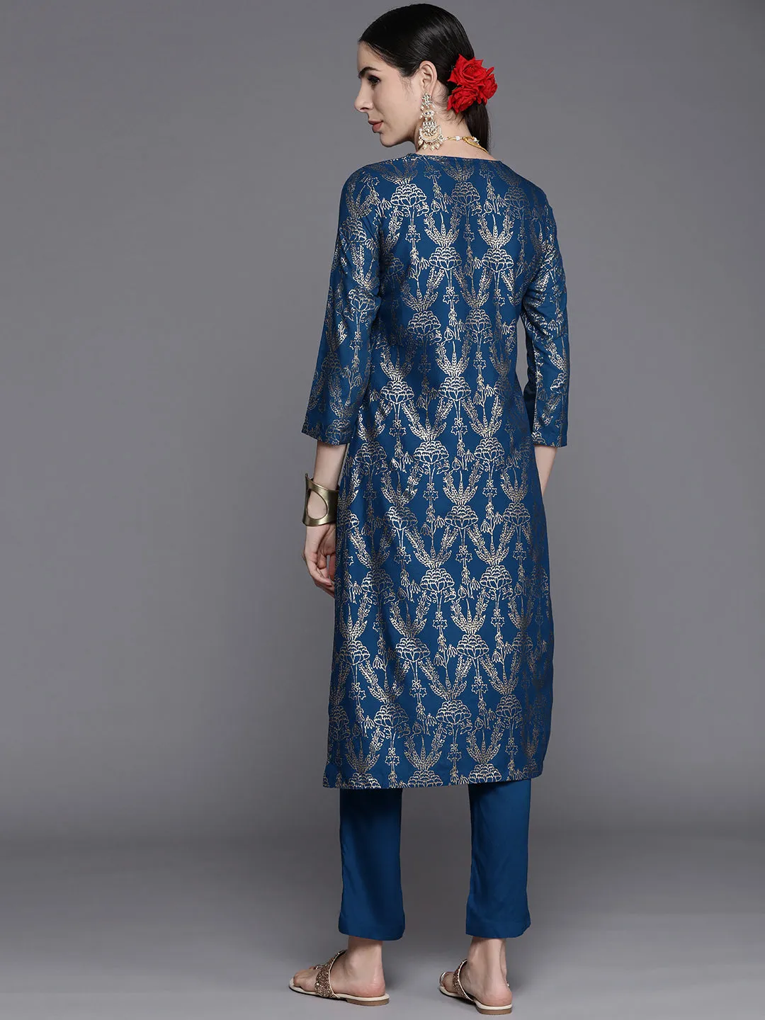 Biba Women Navy Blue & Golden Ethnic Motifs Printed Kurta with Trousers