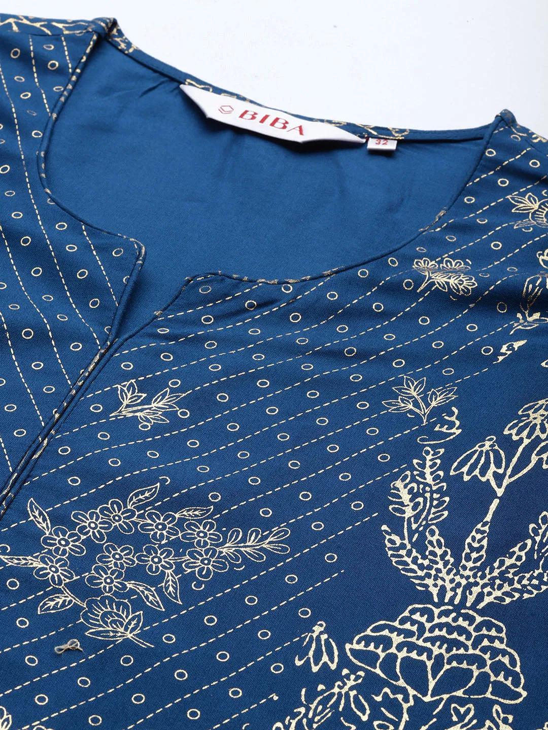 Biba Women Navy Blue & Golden Ethnic Motifs Printed Kurta with Trousers