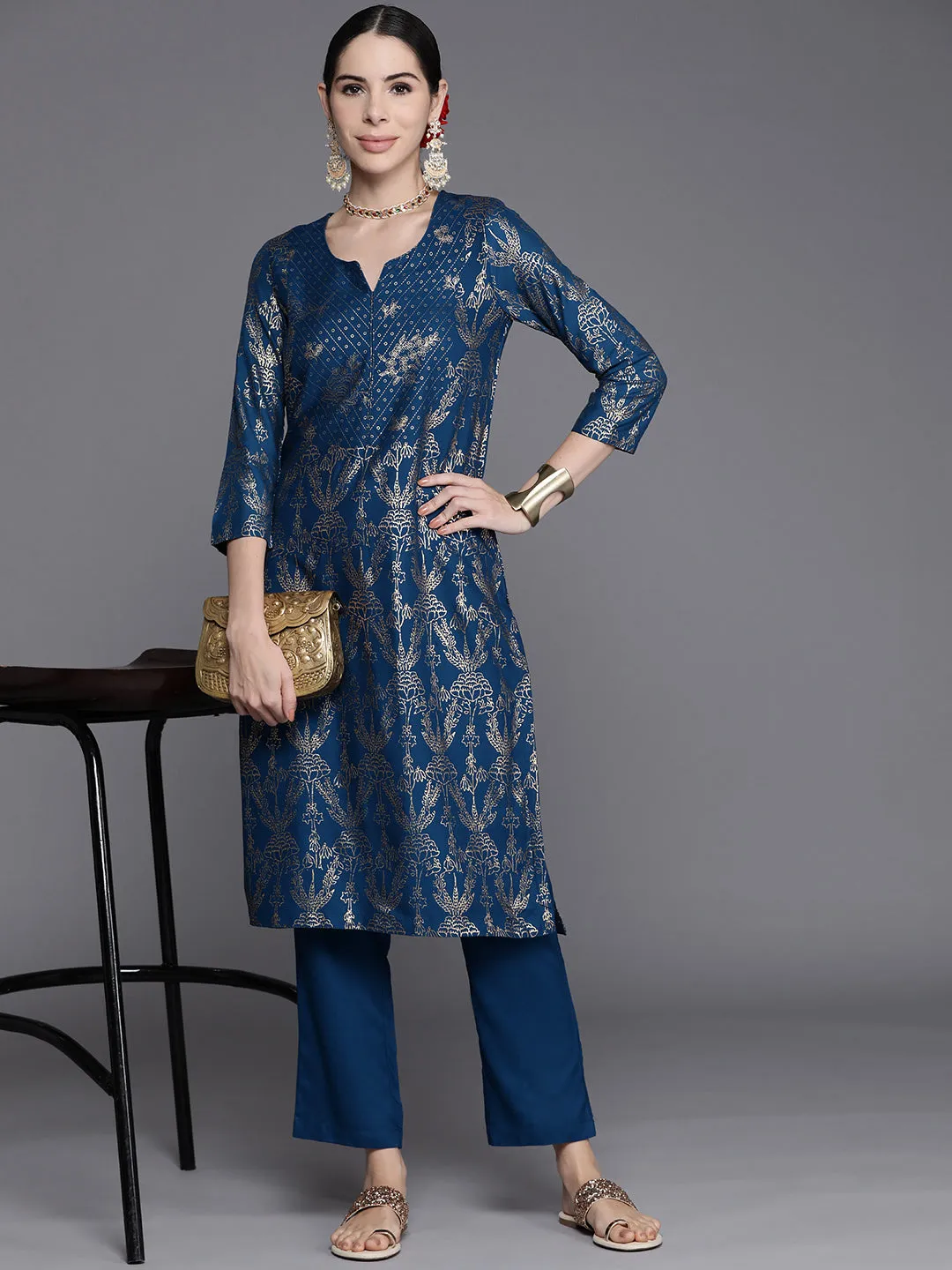 Biba Women Navy Blue & Golden Ethnic Motifs Printed Kurta with Trousers