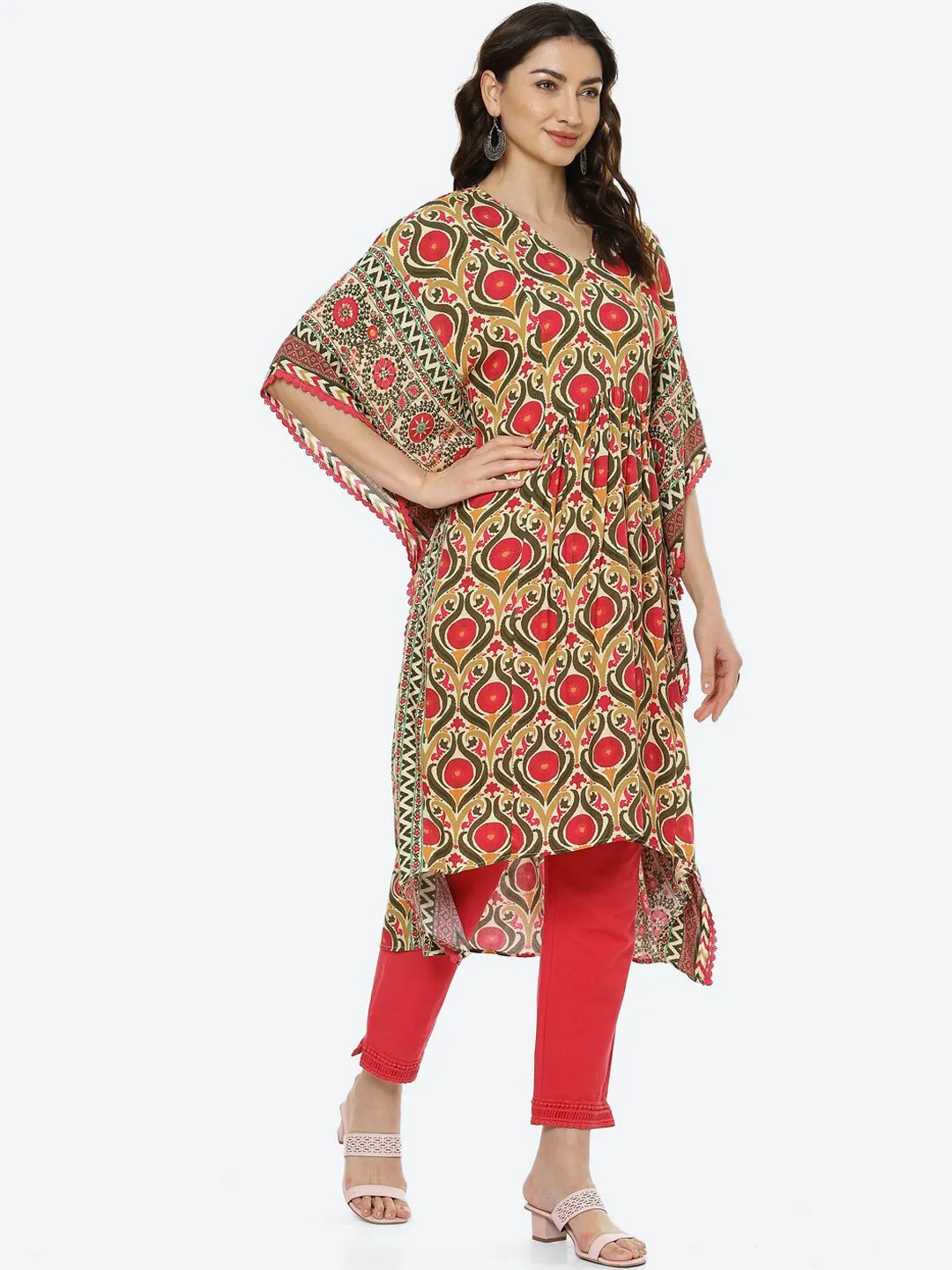 Biba Women Pink Floral Printed Pure Cotton Kaftan Kurti with Trousers Kurta Set