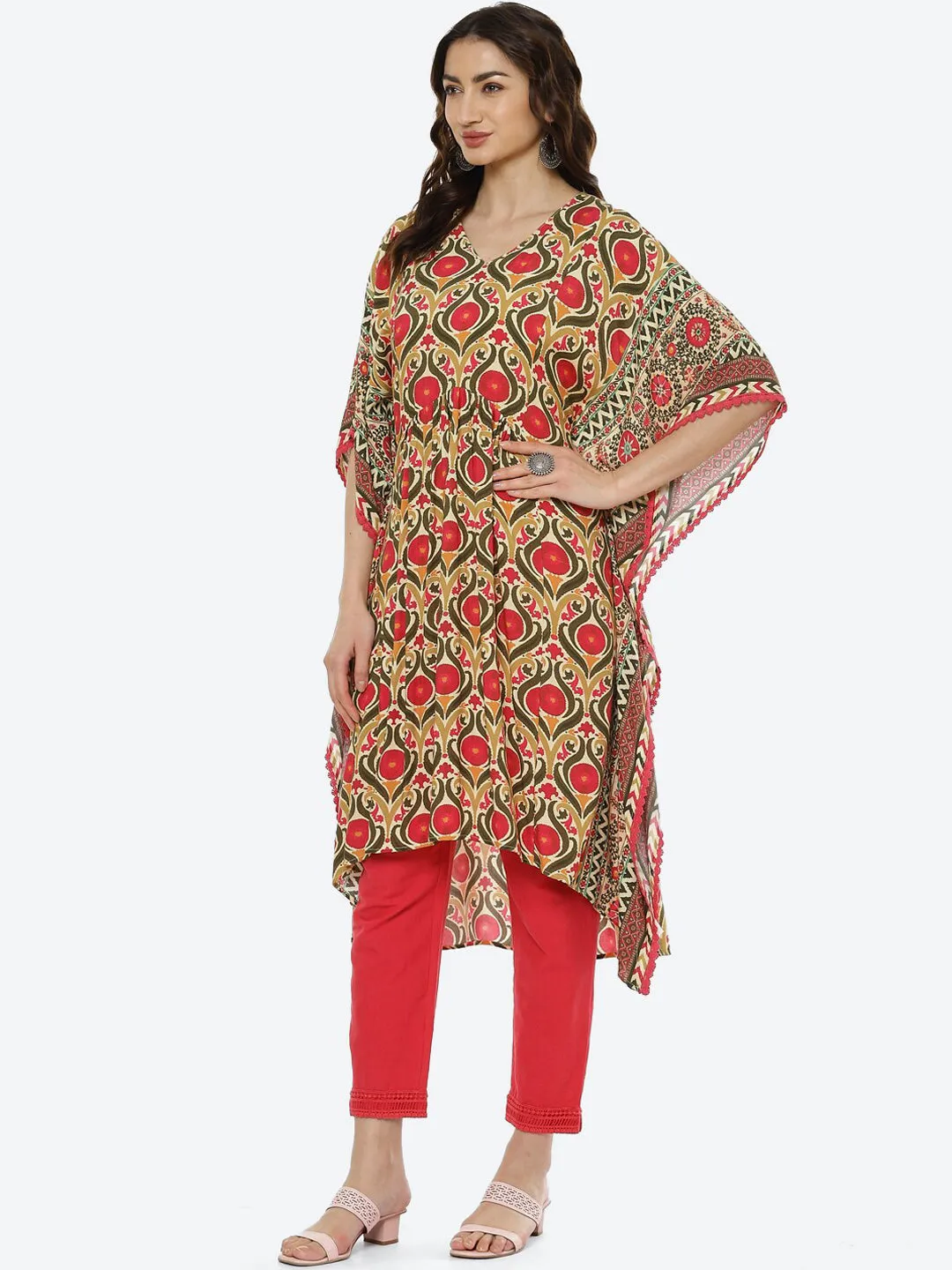 Biba Women Pink Floral Printed Pure Cotton Kaftan Kurti with Trousers Kurta Set