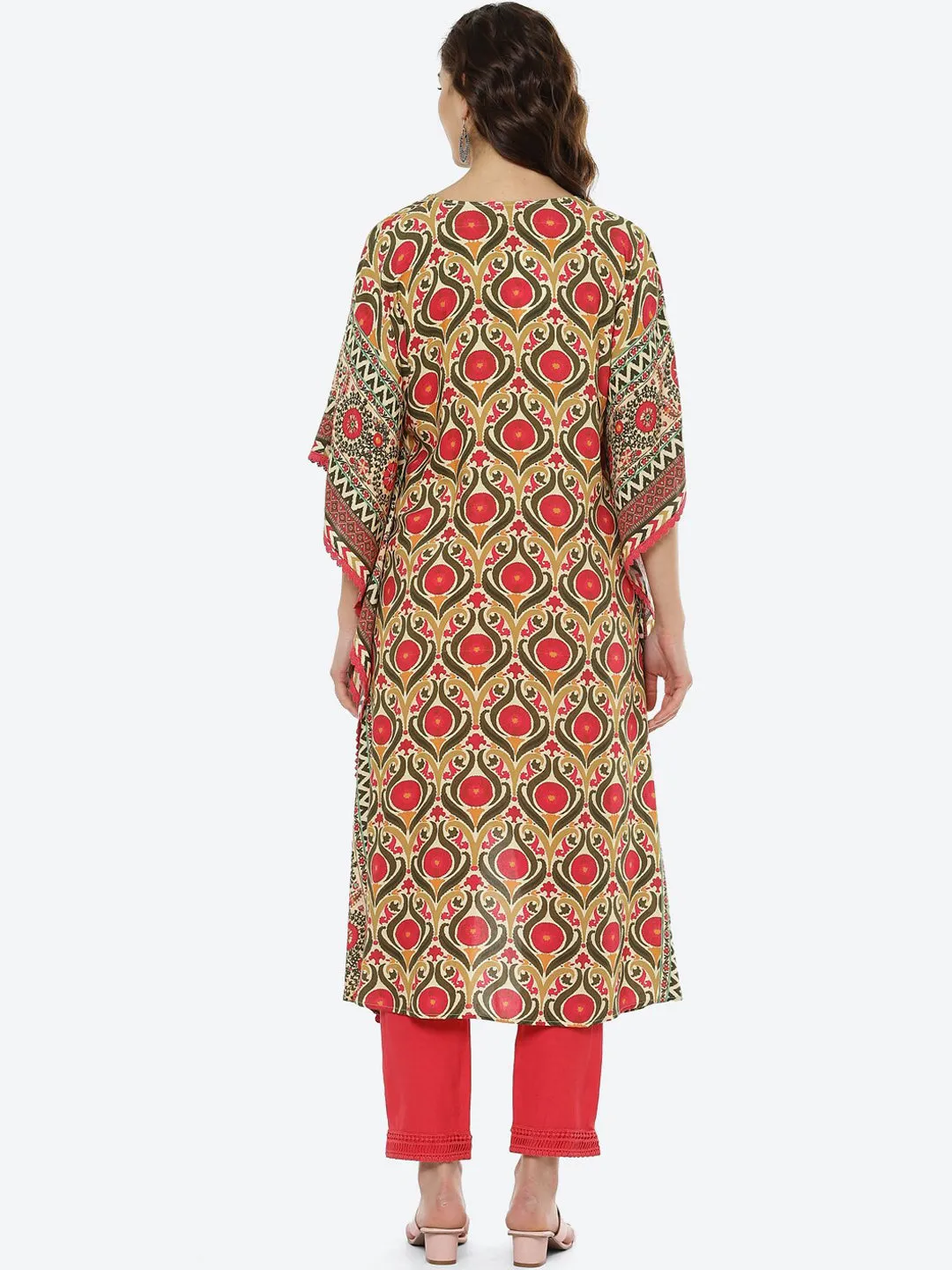 Biba Women Pink Floral Printed Pure Cotton Kaftan Kurti with Trousers Kurta Set