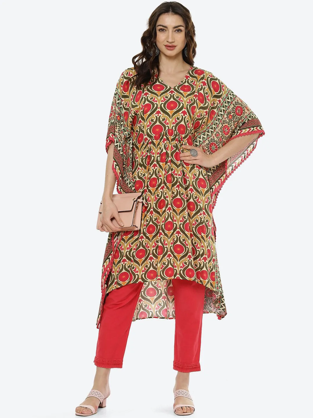 Biba Women Pink Floral Printed Pure Cotton Kaftan Kurti with Trousers Kurta Set