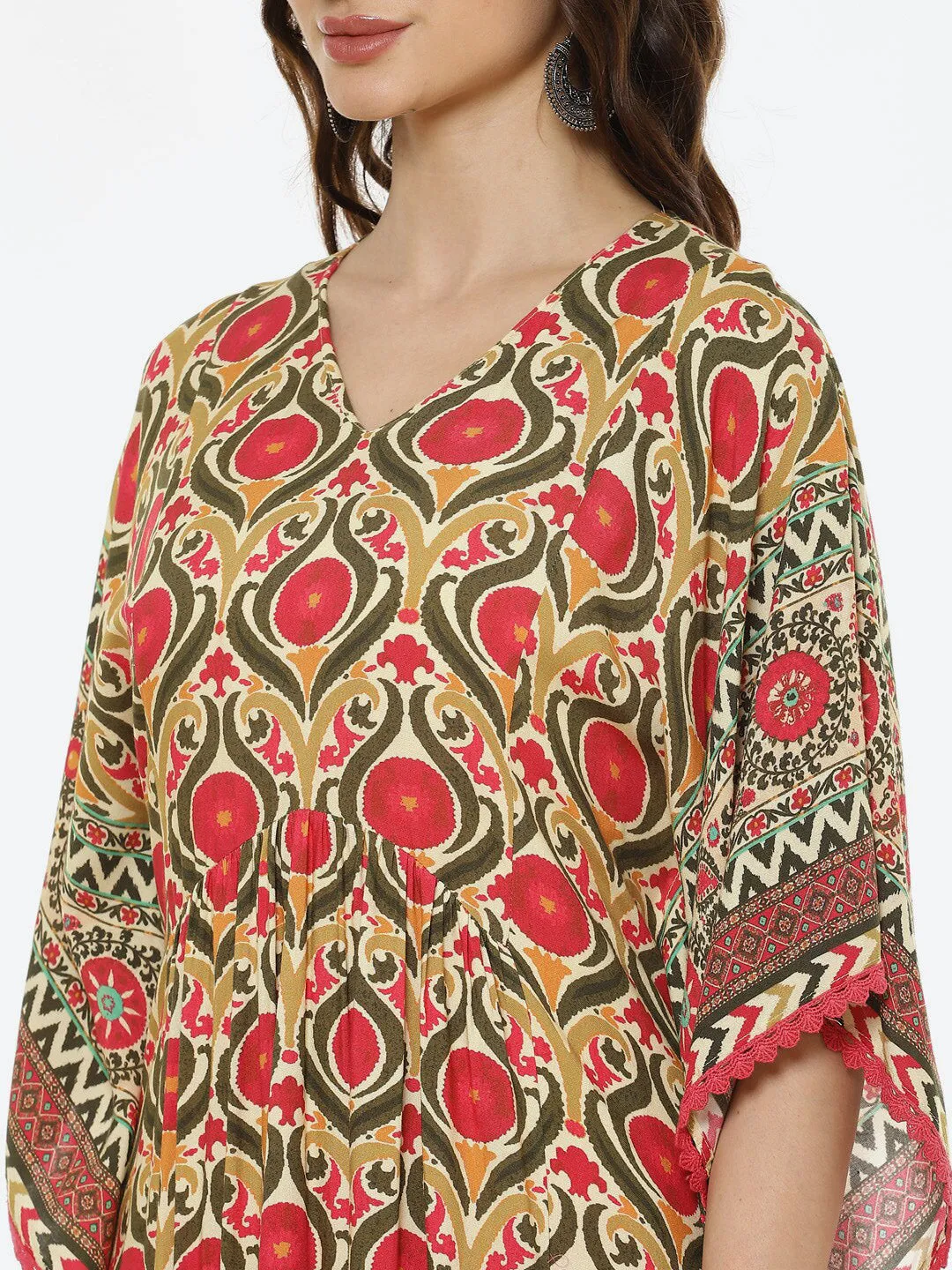 Biba Women Pink Floral Printed Pure Cotton Kaftan Kurti with Trousers Kurta Set