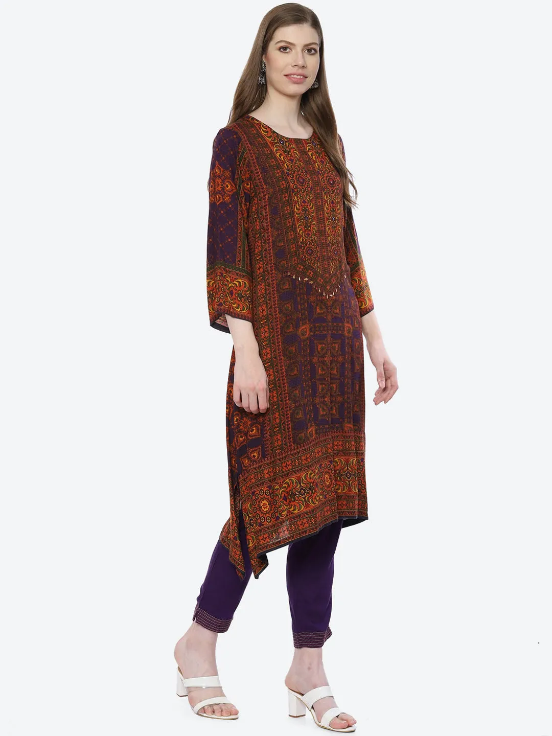 Biba Women Violet Ethnic Motifs Printed Kurta with Trousers & With Dupatta