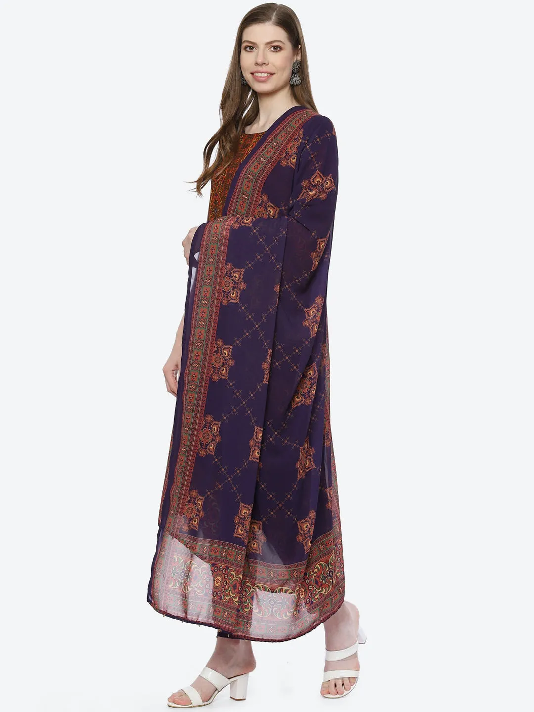 Biba Women Violet Ethnic Motifs Printed Kurta with Trousers & With Dupatta