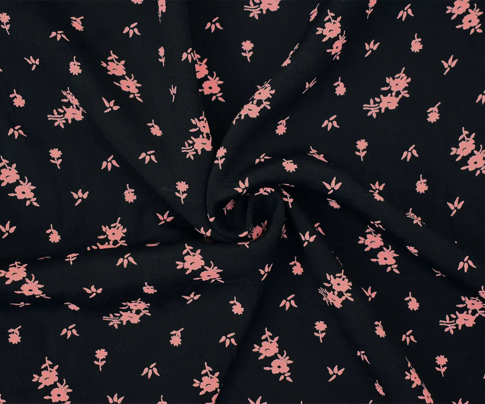 Black-Coral Pink Ditsy Floral Printed Rayon Crepe Faille Woven Fabric