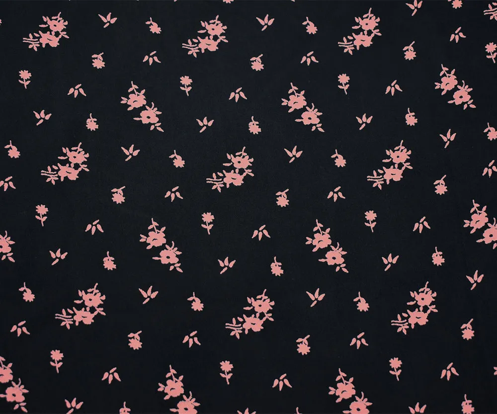 Black-Coral Pink Ditsy Floral Printed Rayon Crepe Faille Woven Fabric