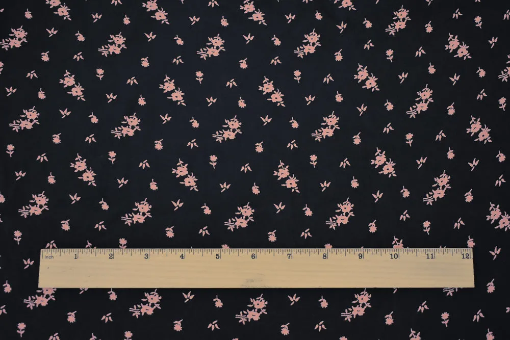 Black-Coral Pink Ditsy Floral Printed Rayon Crepe Faille Woven Fabric