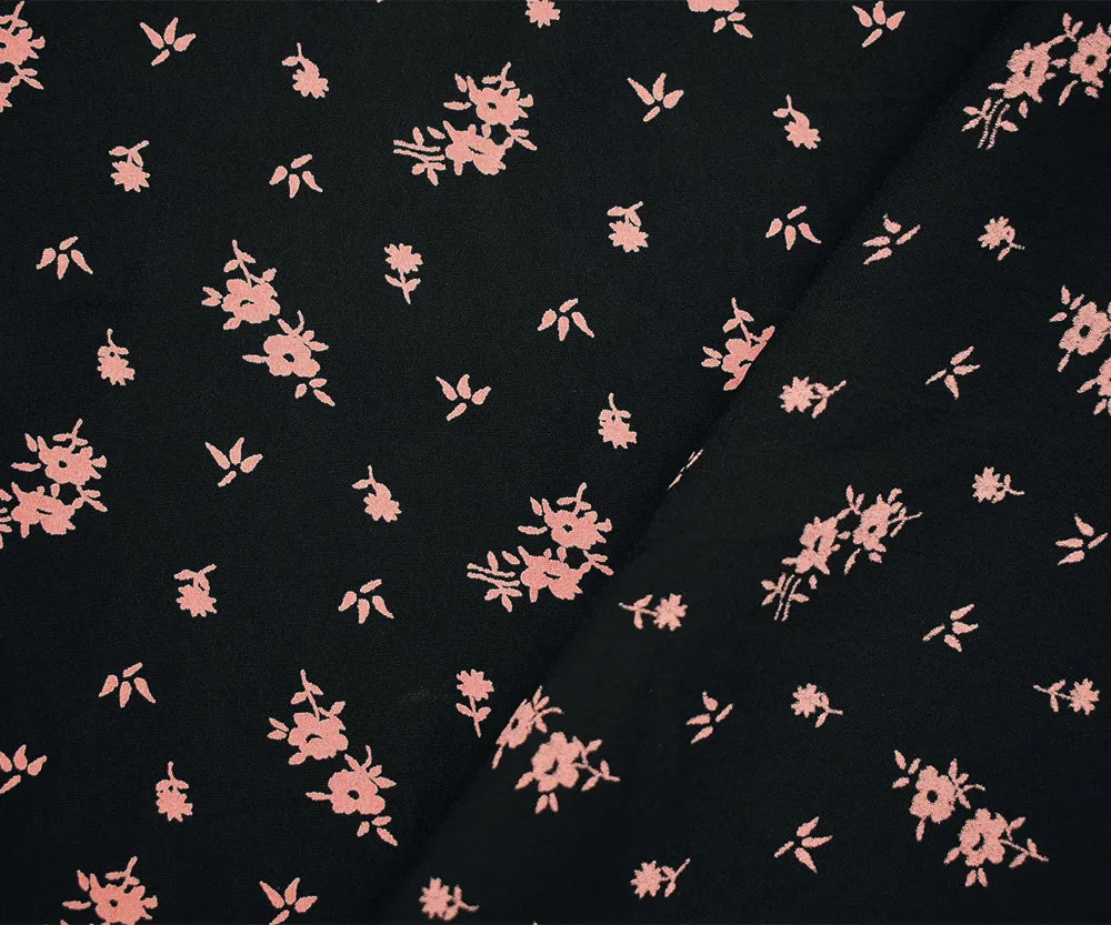 Black-Coral Pink Ditsy Floral Printed Rayon Crepe Faille Woven Fabric