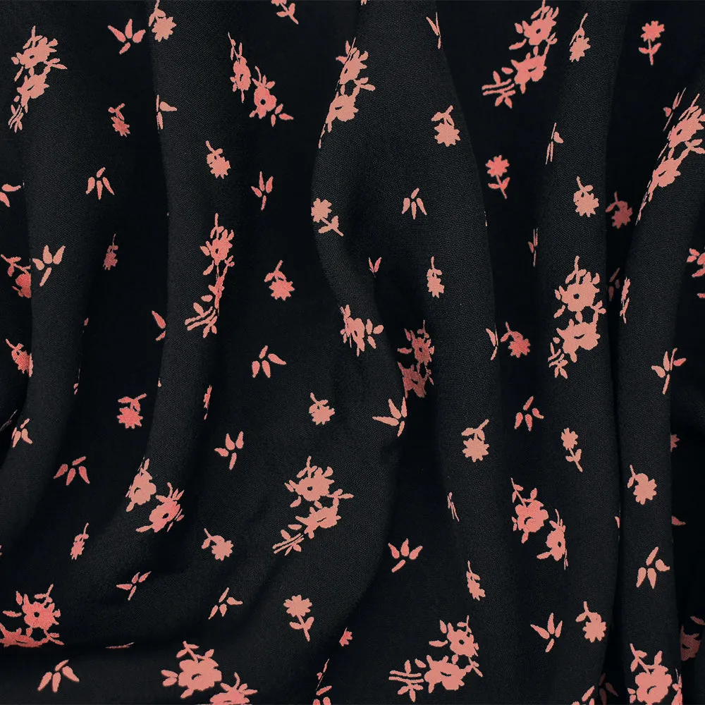 Black-Coral Pink Ditsy Floral Printed Rayon Crepe Faille Woven Fabric