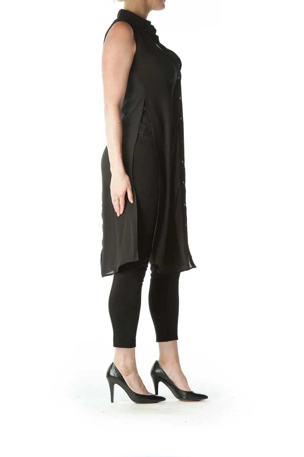Black Sheer Collared Sheer Slitted Blouse