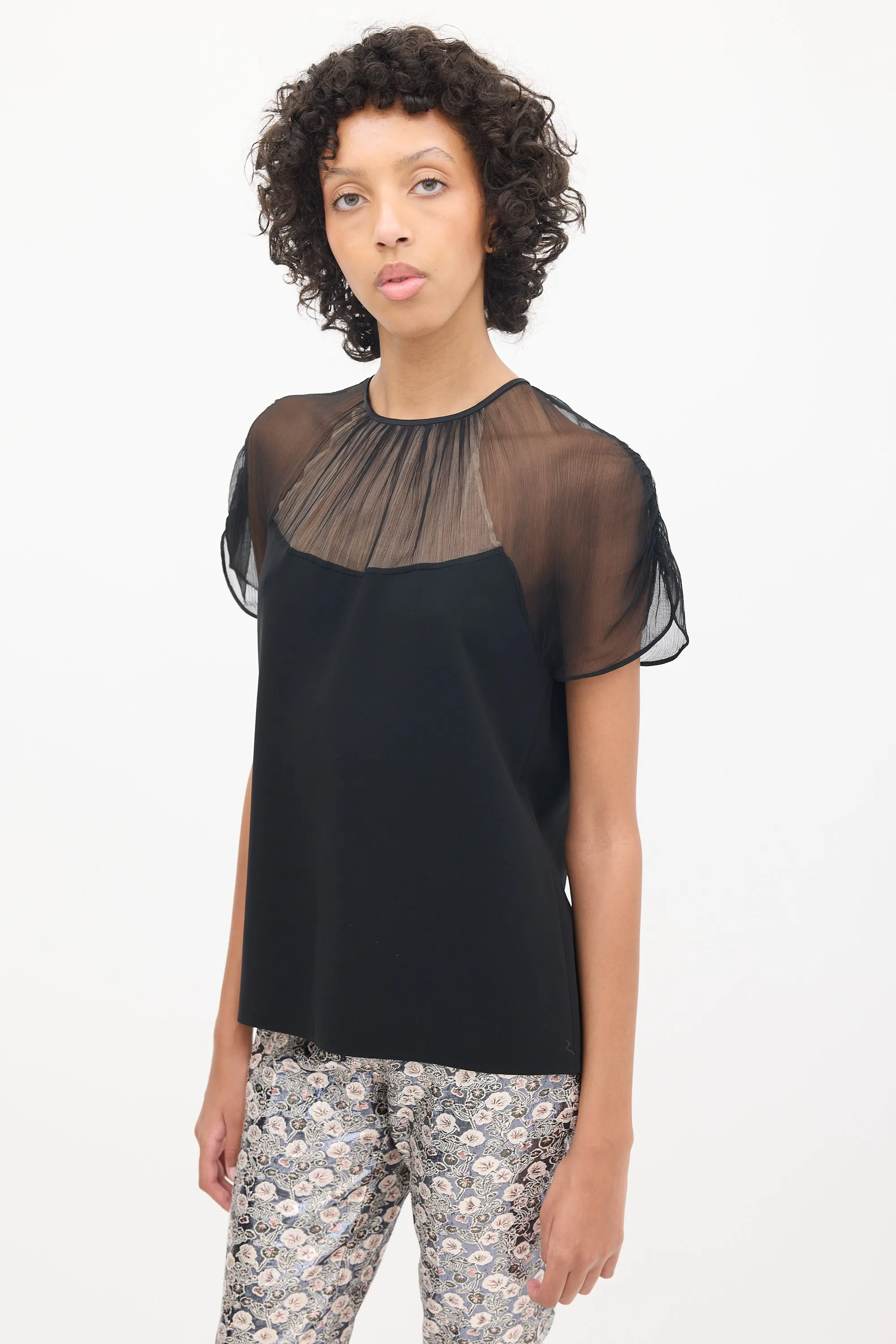 Black Sheer Plissé Panelled Top