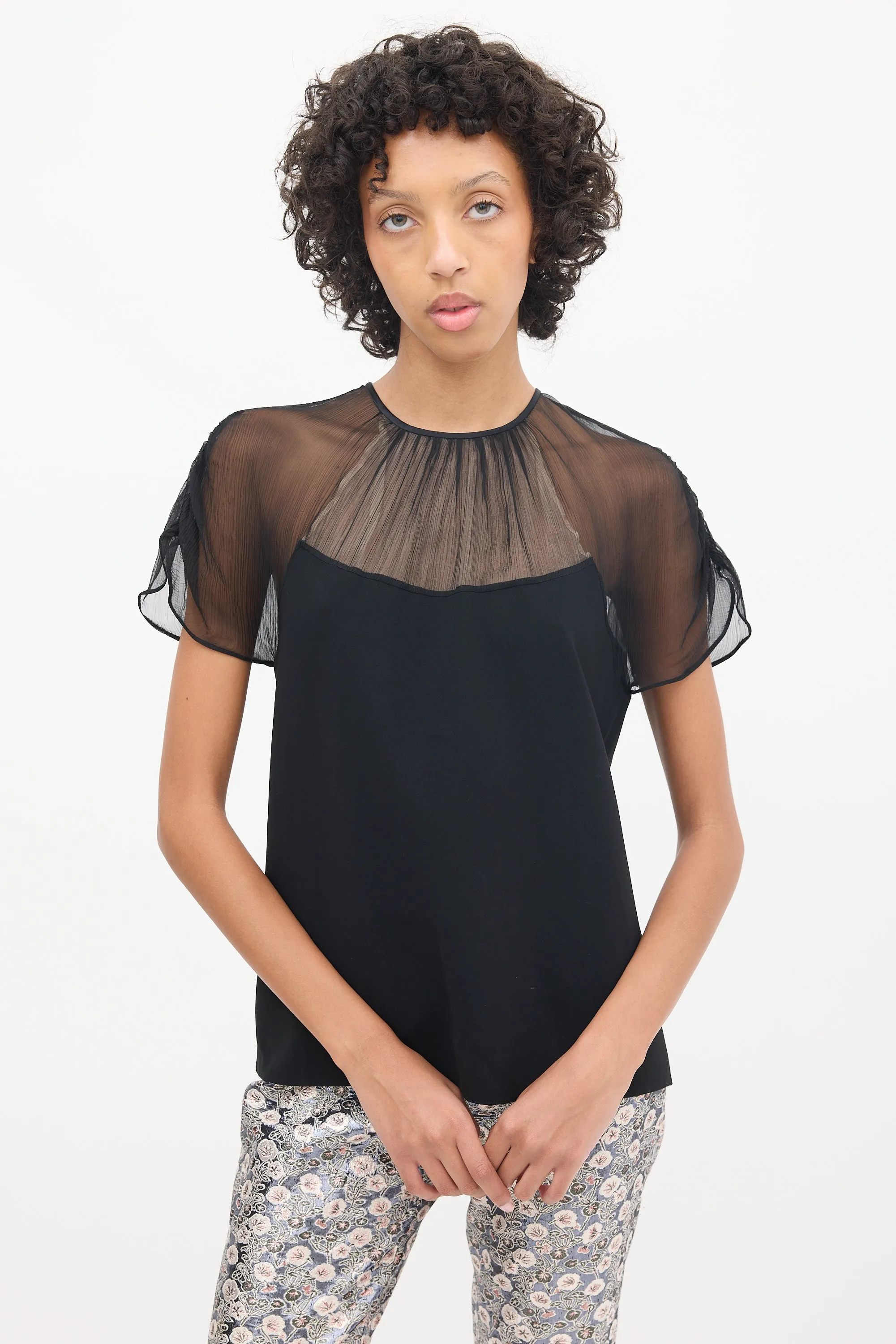 Black Sheer Plissé Panelled Top