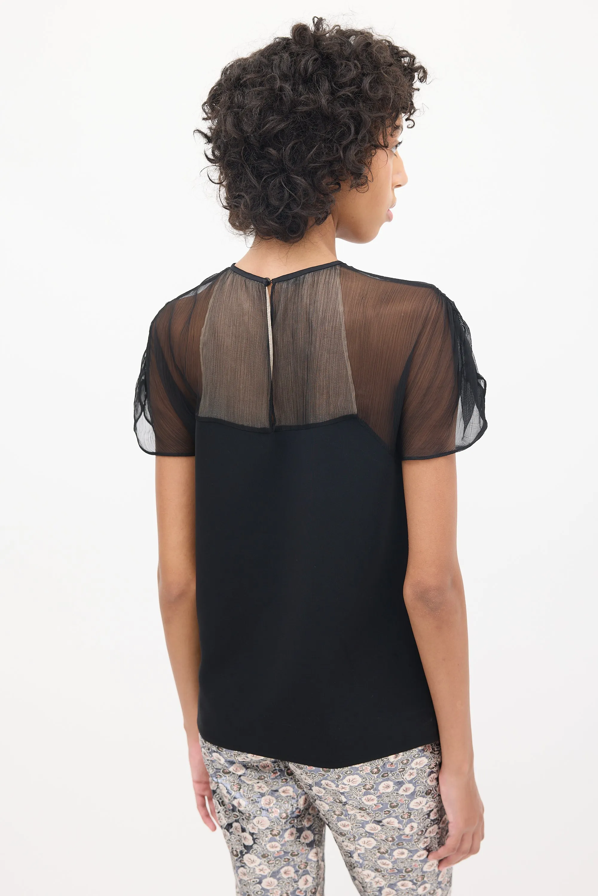 Black Sheer Plissé Panelled Top