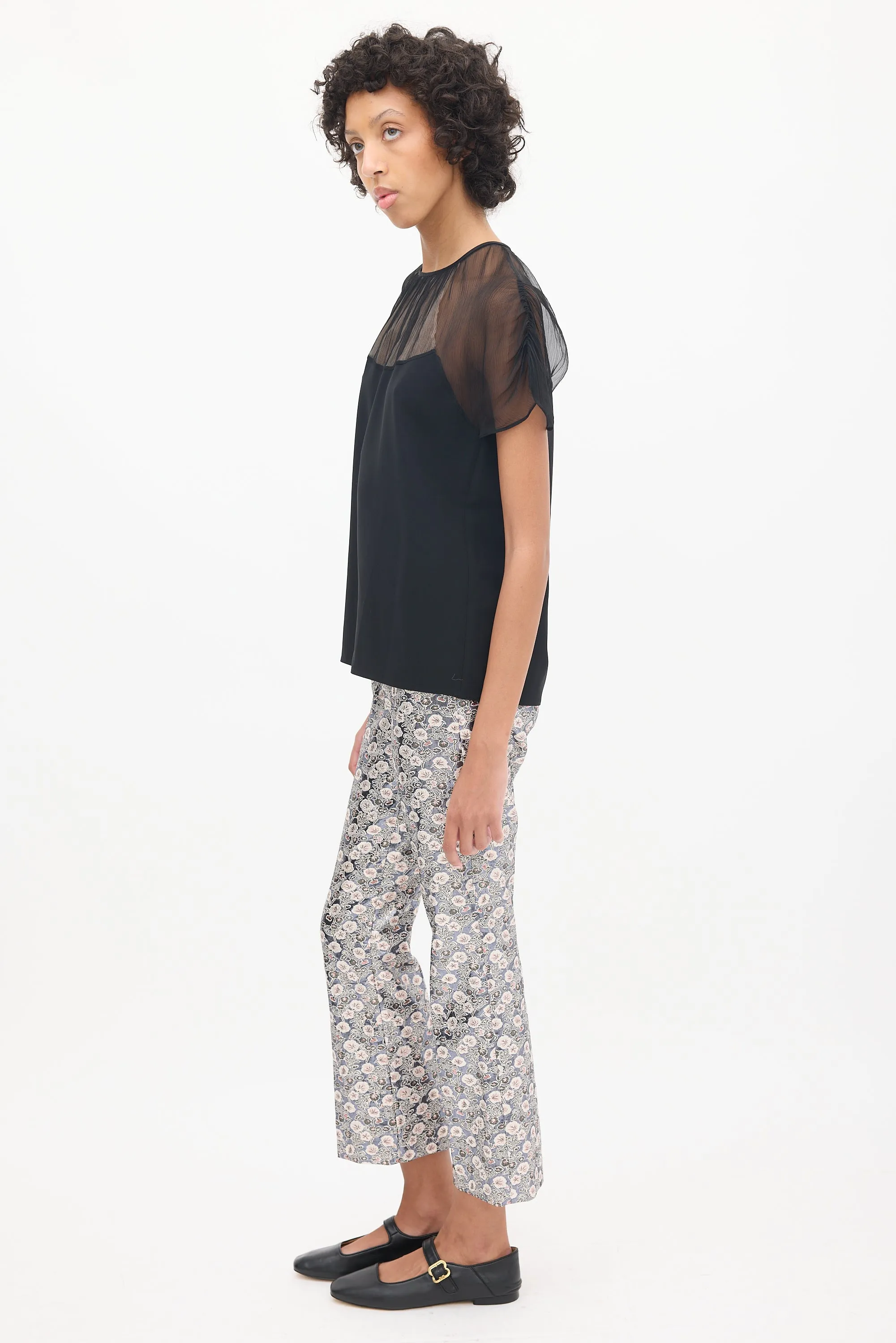 Black Sheer Plissé Panelled Top