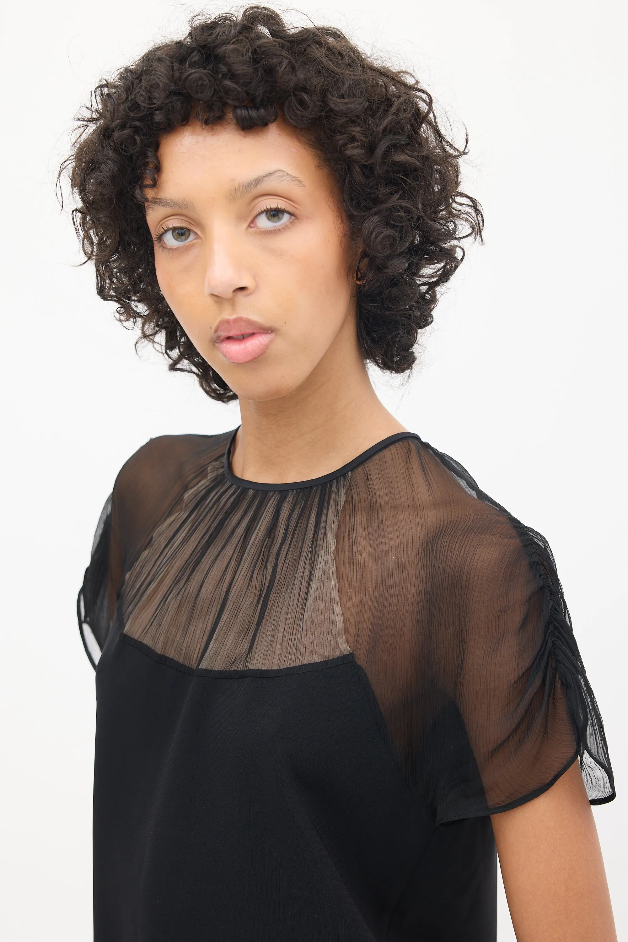 Black Sheer Plissé Panelled Top
