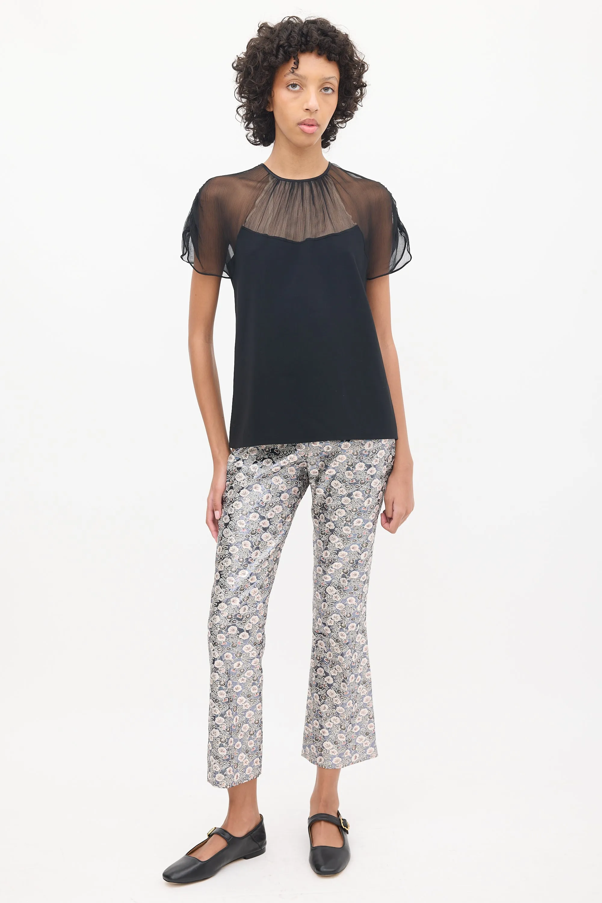 Black Sheer Plissé Panelled Top