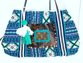 Boho Tote/Crossbody in Blue with Zipper pocket