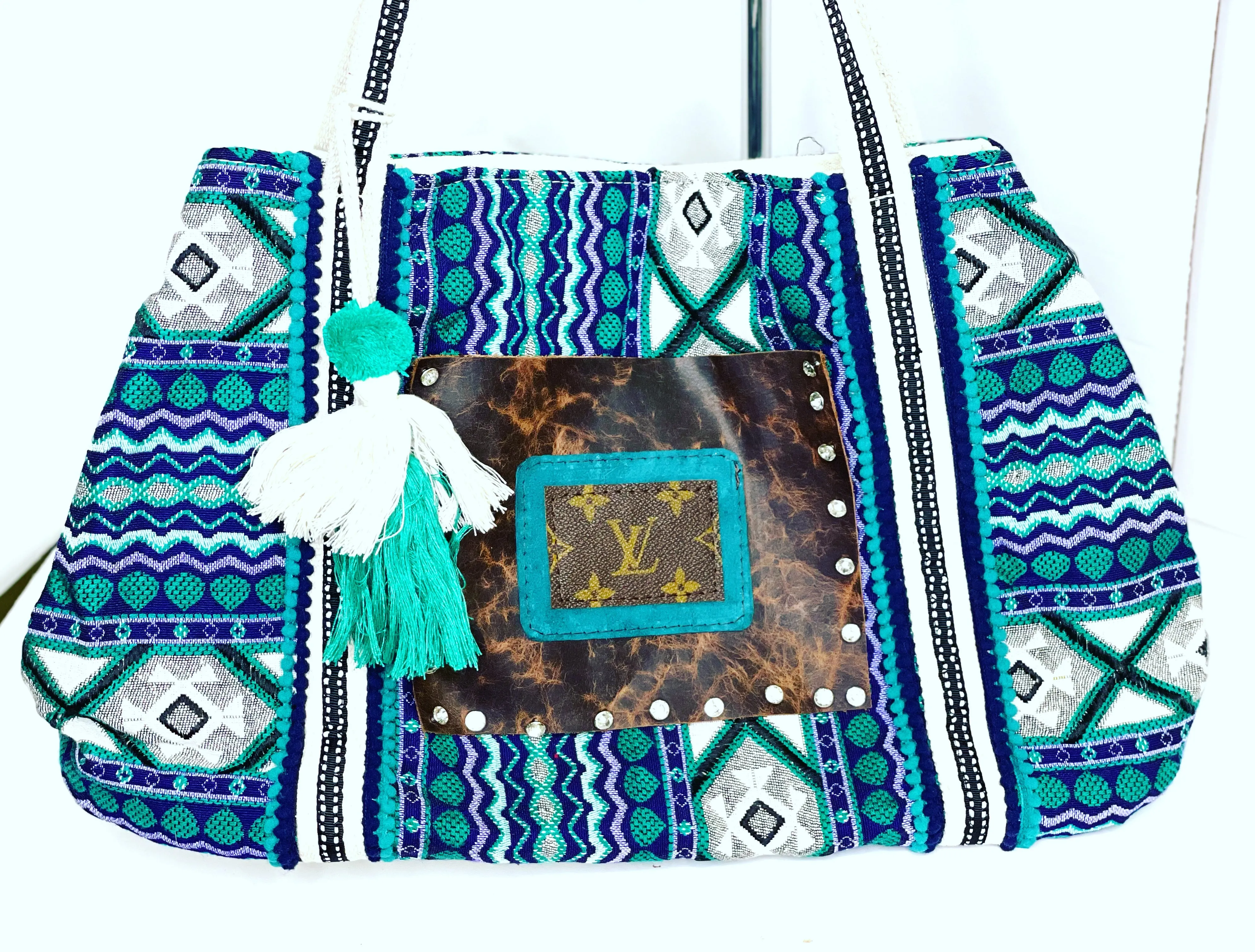 Boho Tote/Crossbody in Blue with Zipper pocket