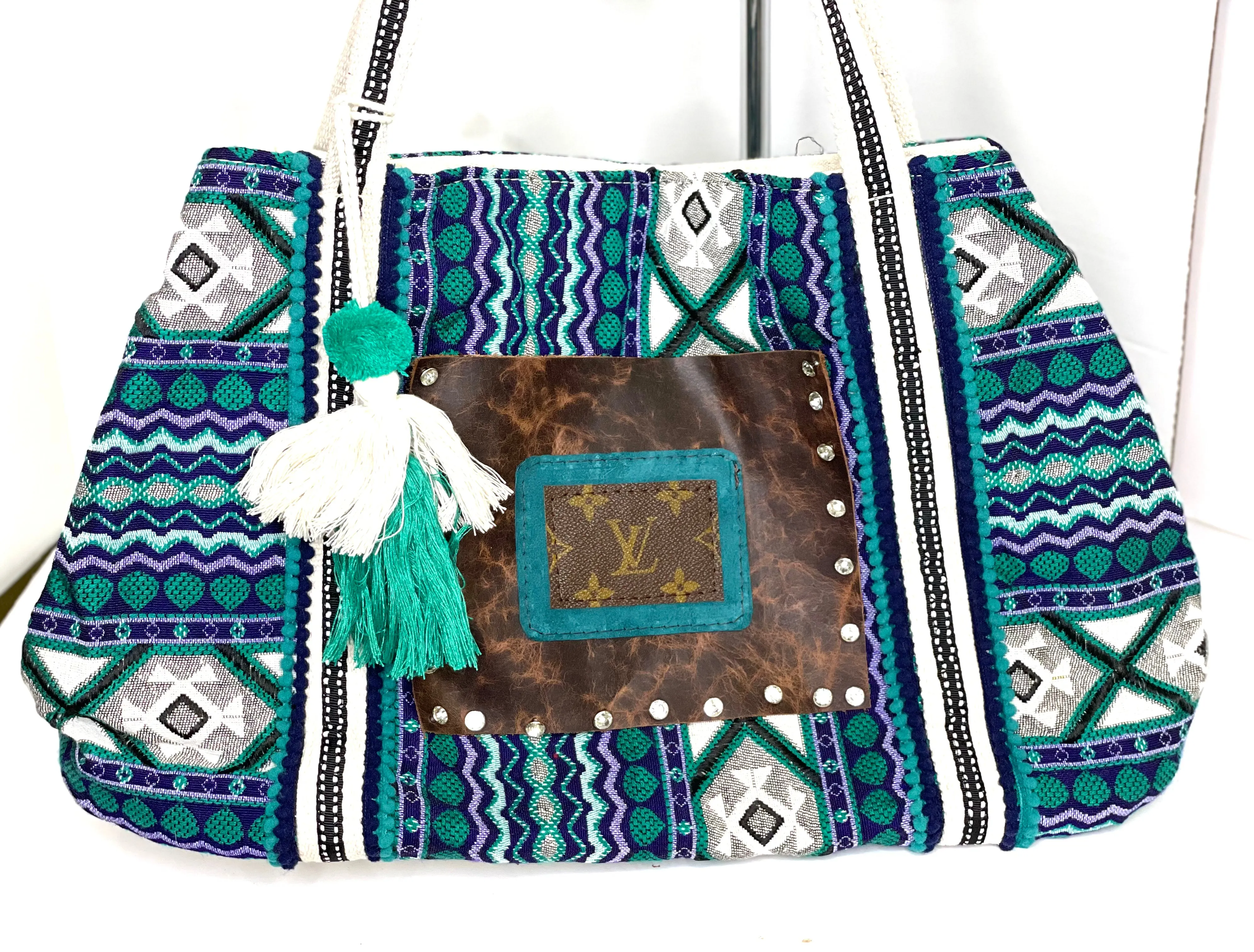 Boho Tote/Crossbody in Blue with Zipper pocket