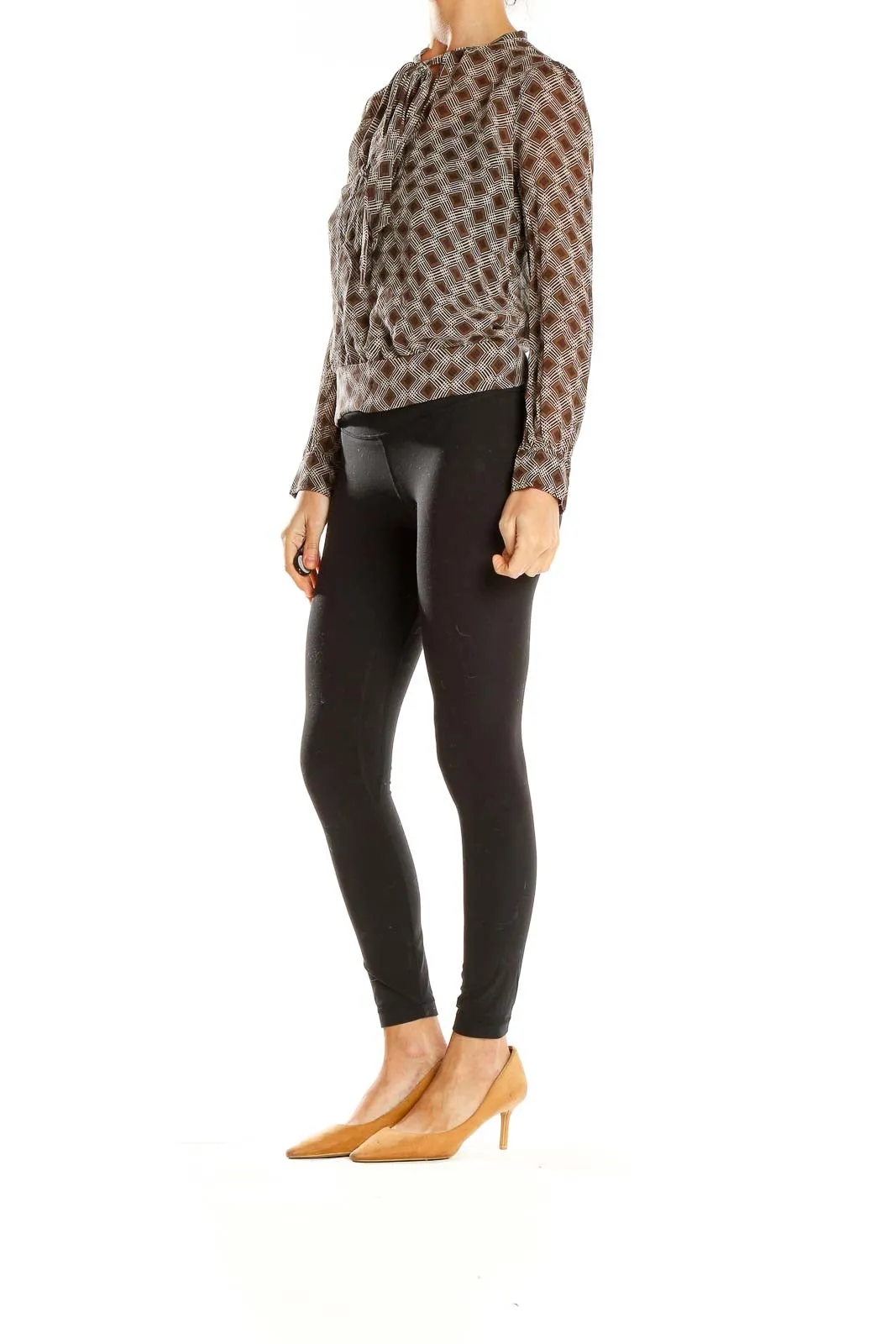 Brown Geometric Print Sheer Blouse