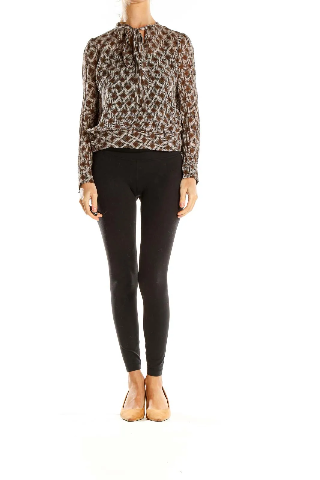 Brown Geometric Print Sheer Blouse