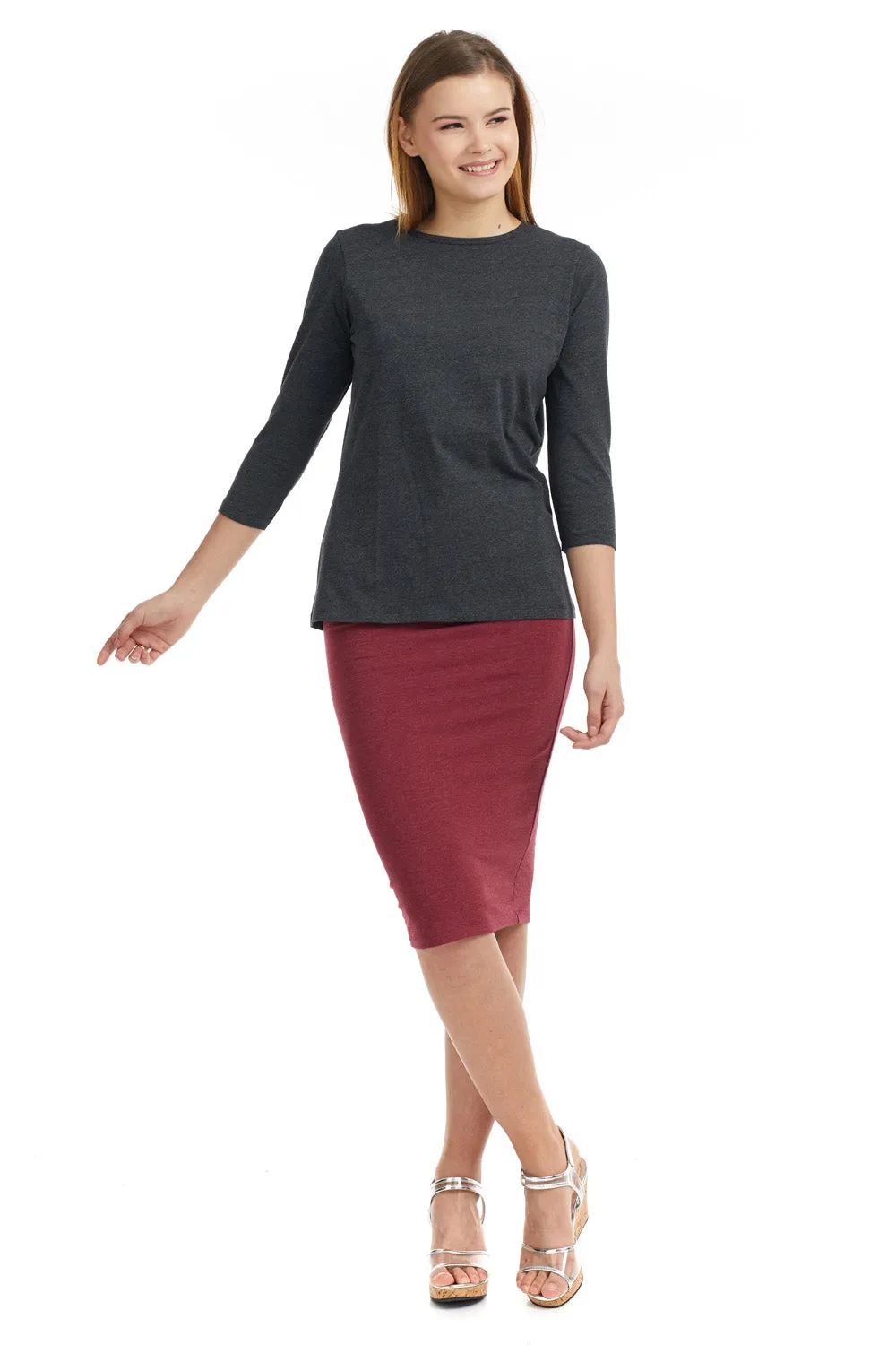 Charcoal 3/4 Sleeve Relaxed Fit Crewneck Cotton Shirt for Women