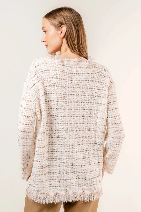 Chic Frayed Tweed Ribbon Pearl Loose Fit Cardigan