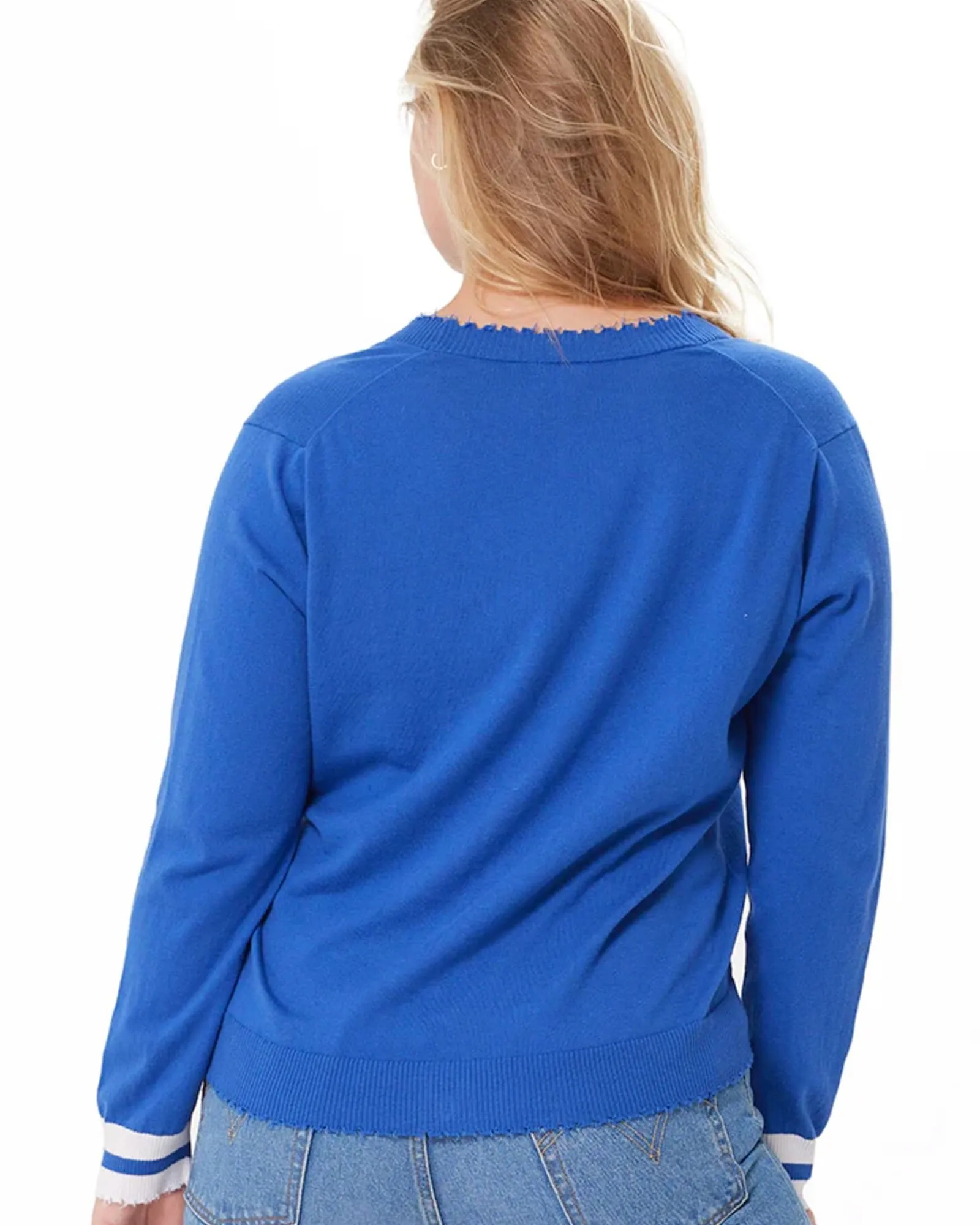 Cotton Cashmere Frayed Cardigan w/ Striped Cuff | BLEU