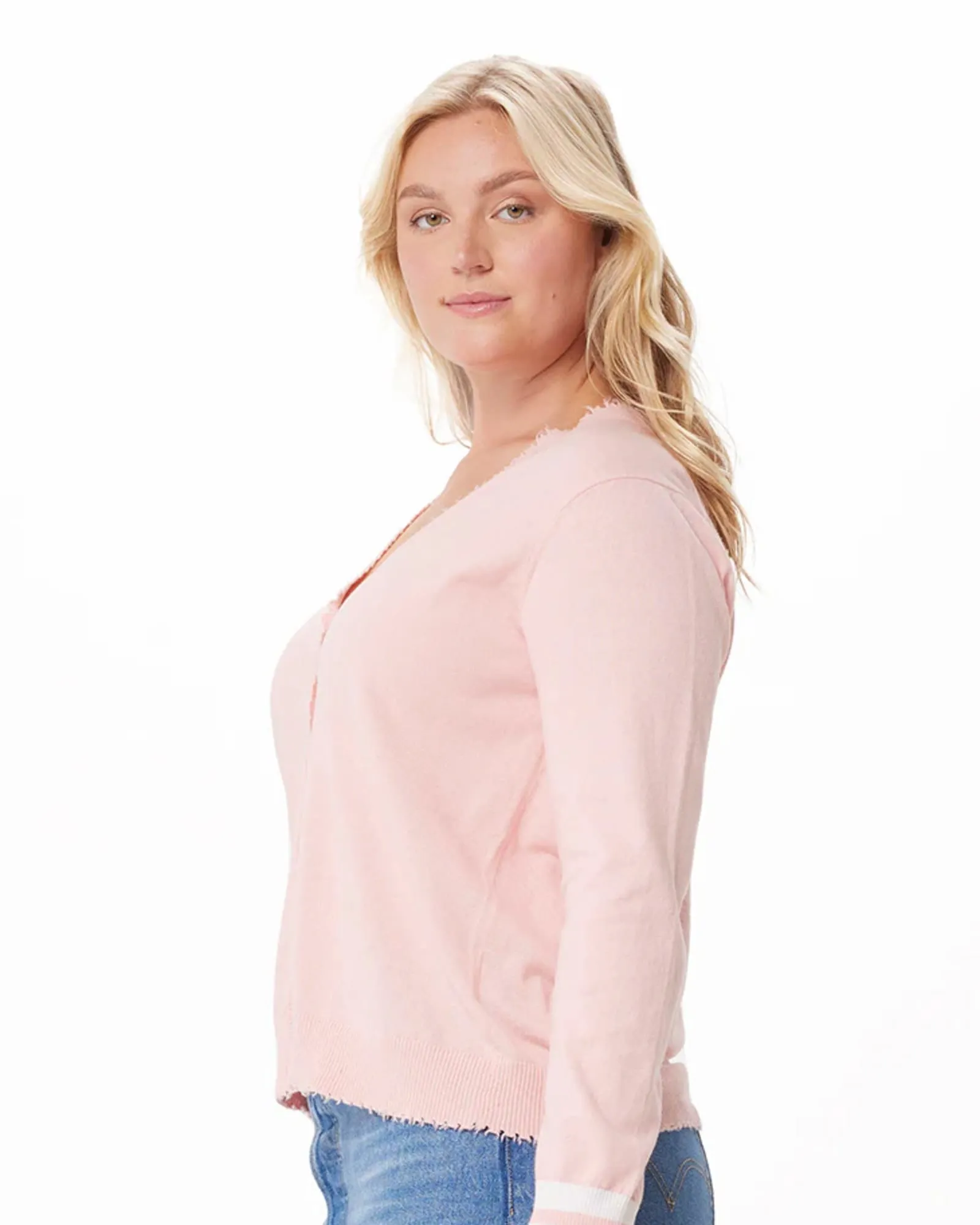 Cotton Cashmere Frayed Cardigan w/ Striped Cuff | Pink Pearl